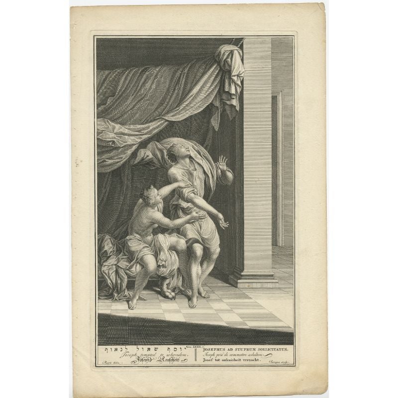 Antique religion print titled 'Joseph tempted to whoredom'. Joseph Tempted to Whoredom, as in Genesis 39:7: 