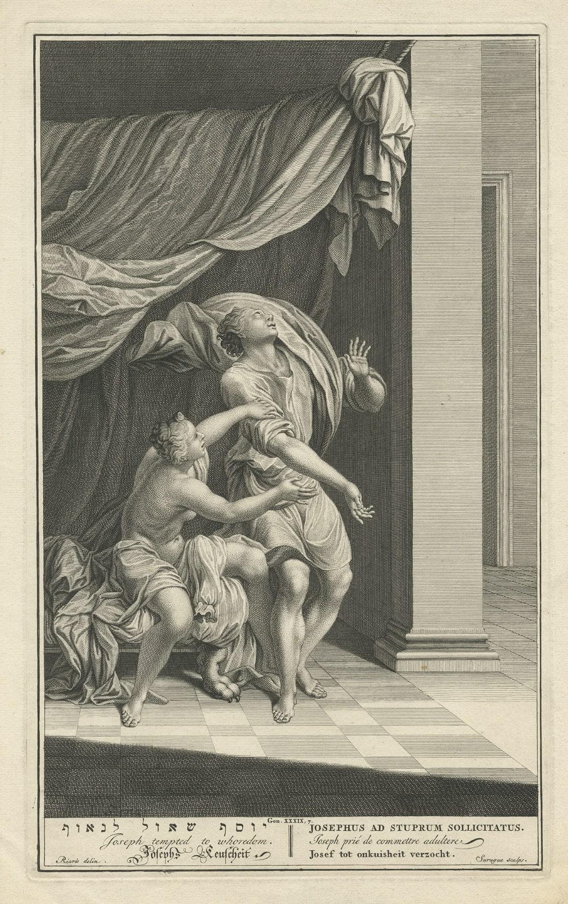 Paper Old Original Engraving of Joseph Tempted to Whoredom, 1728 For Sale