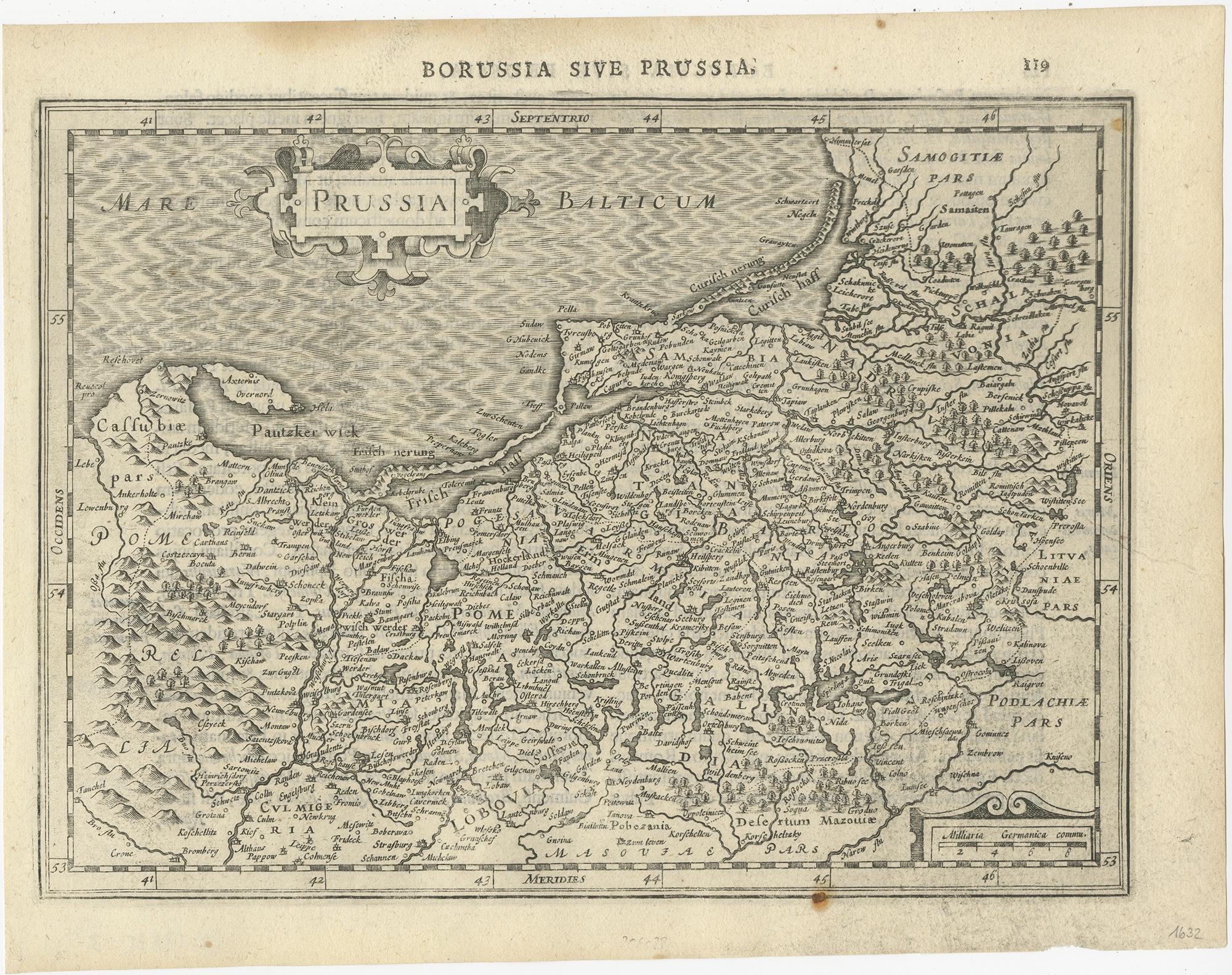 Description: Antique map titled 'Prussia'. 

Original map of Prussia, a historically prominent German state that originated in 1525 with a duchy centered on the region of Prussia on the southeast coast of the Baltic Sea. This map originates from