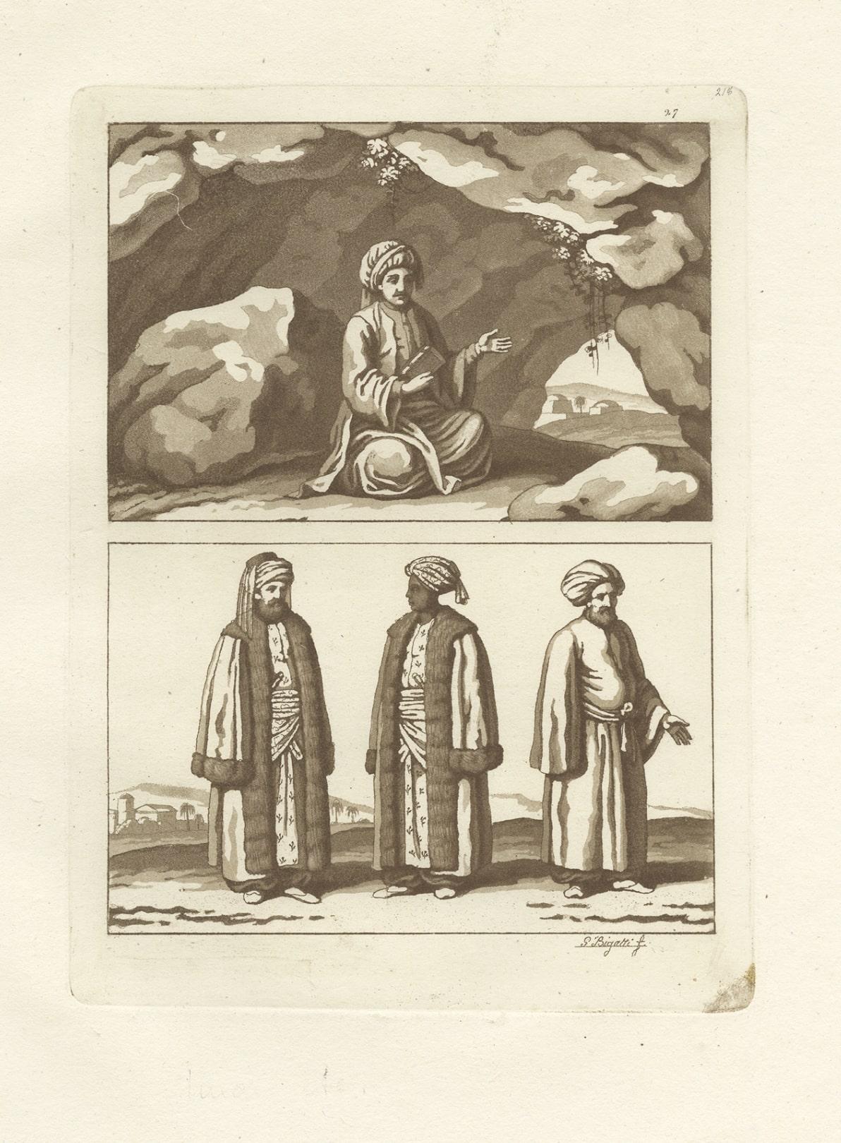 Gravure originale ancienne représentant un homme arabe et un imam musulman, 1827 Bon état - En vente à Langweer, NL