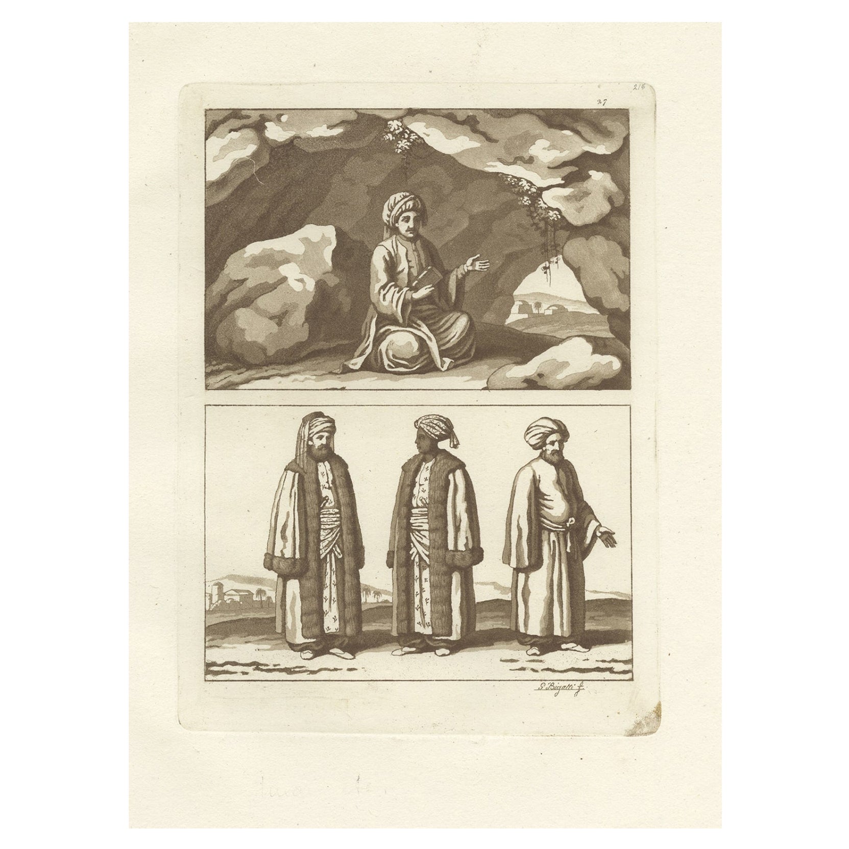 Gravure originale ancienne représentant un homme arabe et un imam musulman, 1827