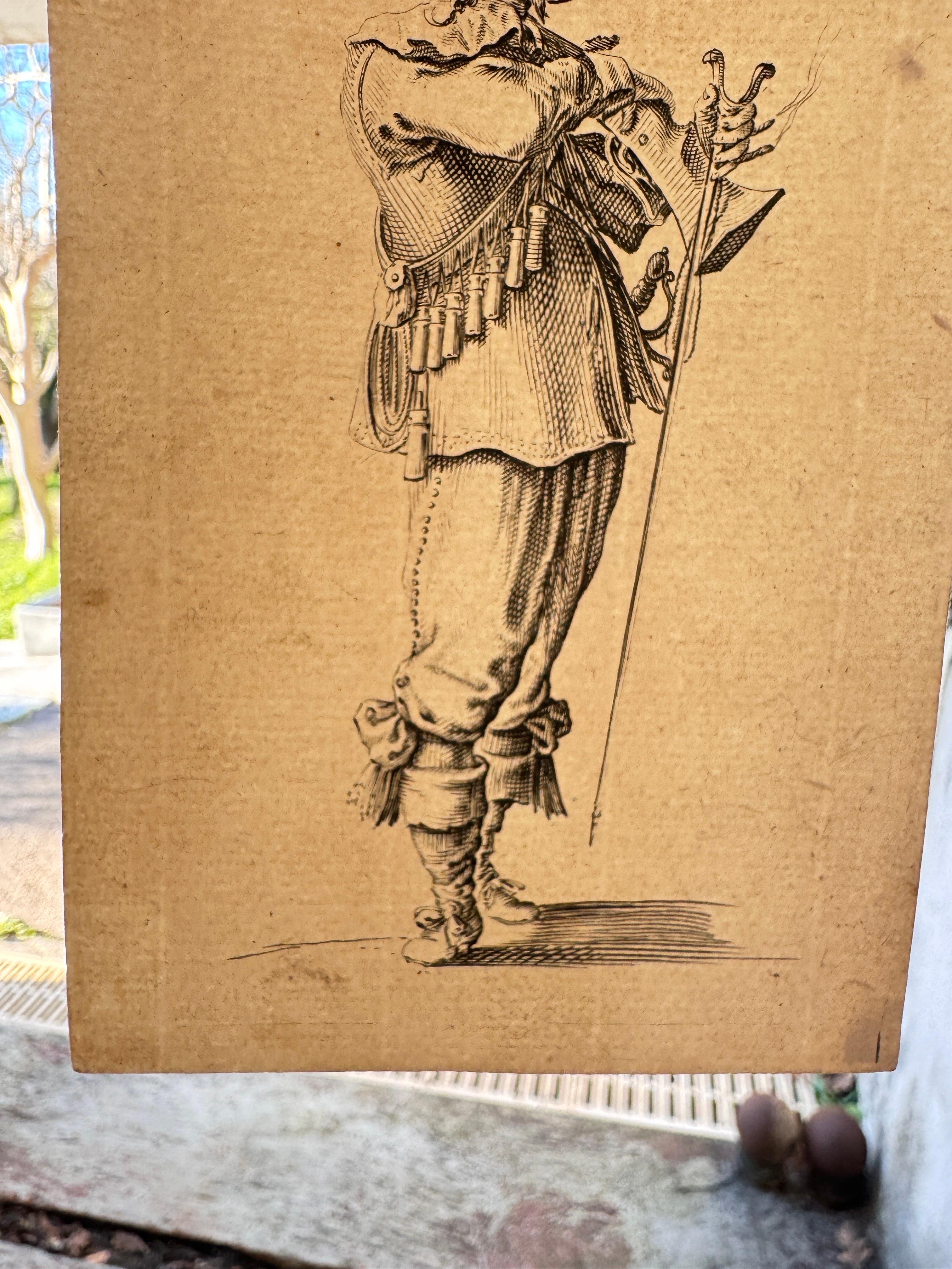 Vecchia incisione originale  con personaggi di soldati olandesi del XVII secolo Set di 3 2