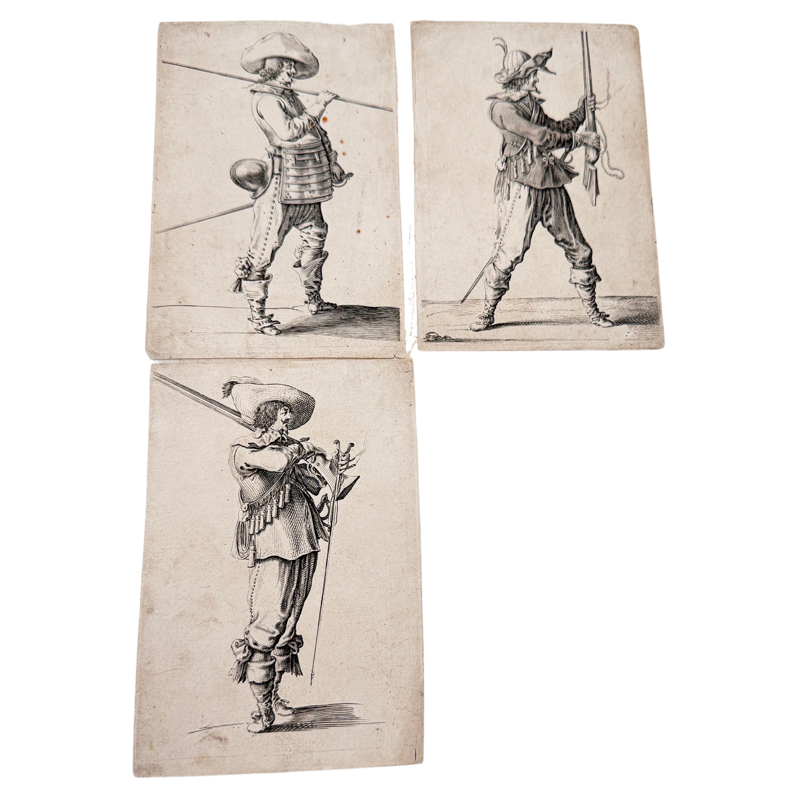 Old Original Engraving  with soldiers characters Dutch 17th Century Set of 3 For Sale