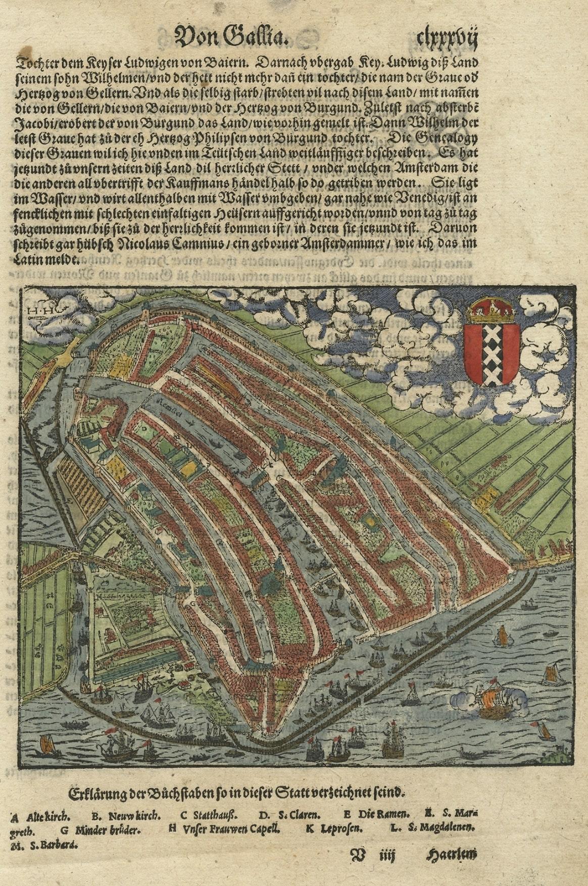 Description: Antique print, untitled. 

Bird's-eye plan of Amsterdam portrayed on a sheet of German text. Remarkably detailed for its size, hundreds of individual buildings and houses are rendered. Dozens of tall ships ply the harbor and the
