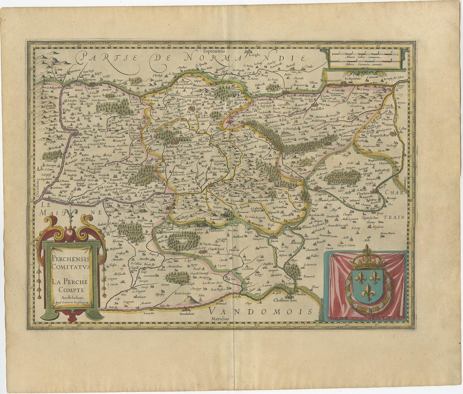 Antique map titled 'Perchensis Comitatus - La Perche compte'. 

Old map of the former province of Perche, France. Until the French Revolution, Perche was bounded by four ancient territories of northwestern France: the provinces of Maine, Normandy,