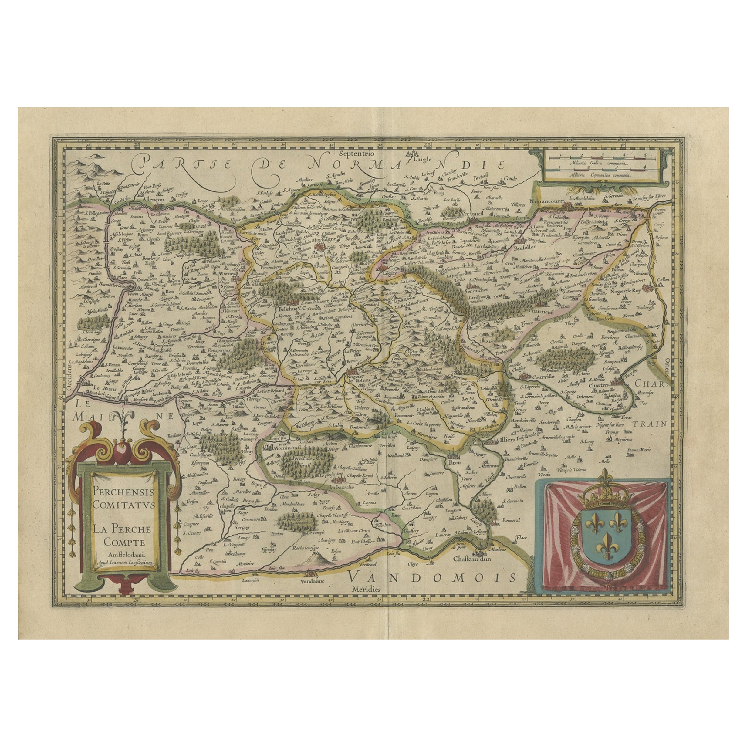 Antica mappa originale colorata a mano dell'ex provincia di Perche, Francia, 1640 ca.