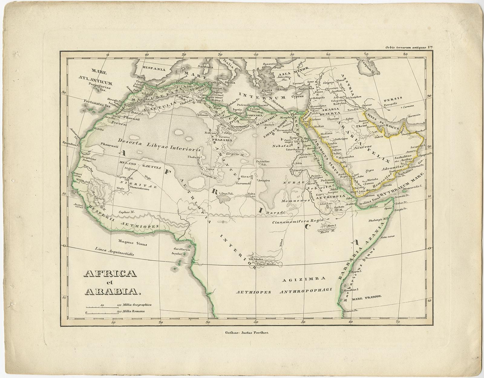 Antique map titled 'Africa et Arabia'. 

Old map of Africa and Arabia originating from 'Orbis Terrarum Antiquus in usum Scholarum'. 

Artists and Engravers: Published by Justus Perthes, 1848.

Condition: Good, general age-related toning. Minor