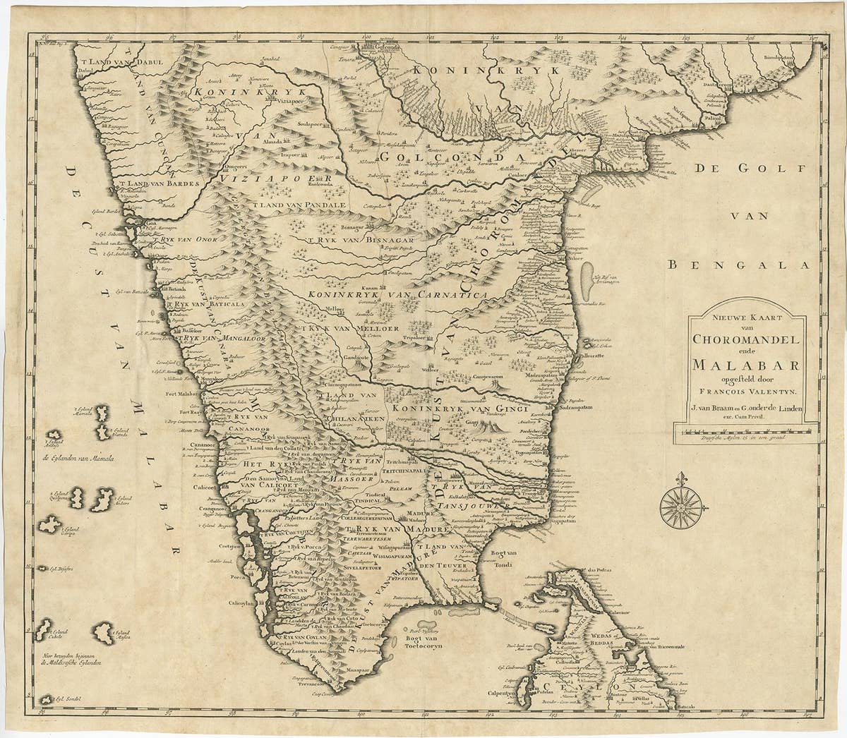 Old Original Map of Chormandel & Malabar, India & Ceylon, Now Sri Lanka, 1726