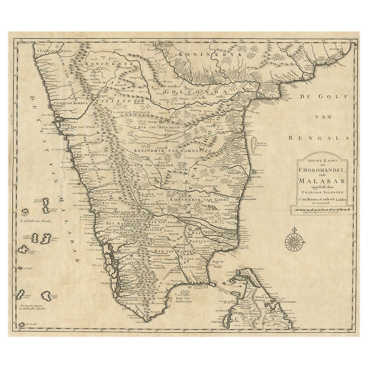 Old Original Map of Chormandel & Malabar, India & Ceylon, Now Sri Lanka, 1726
