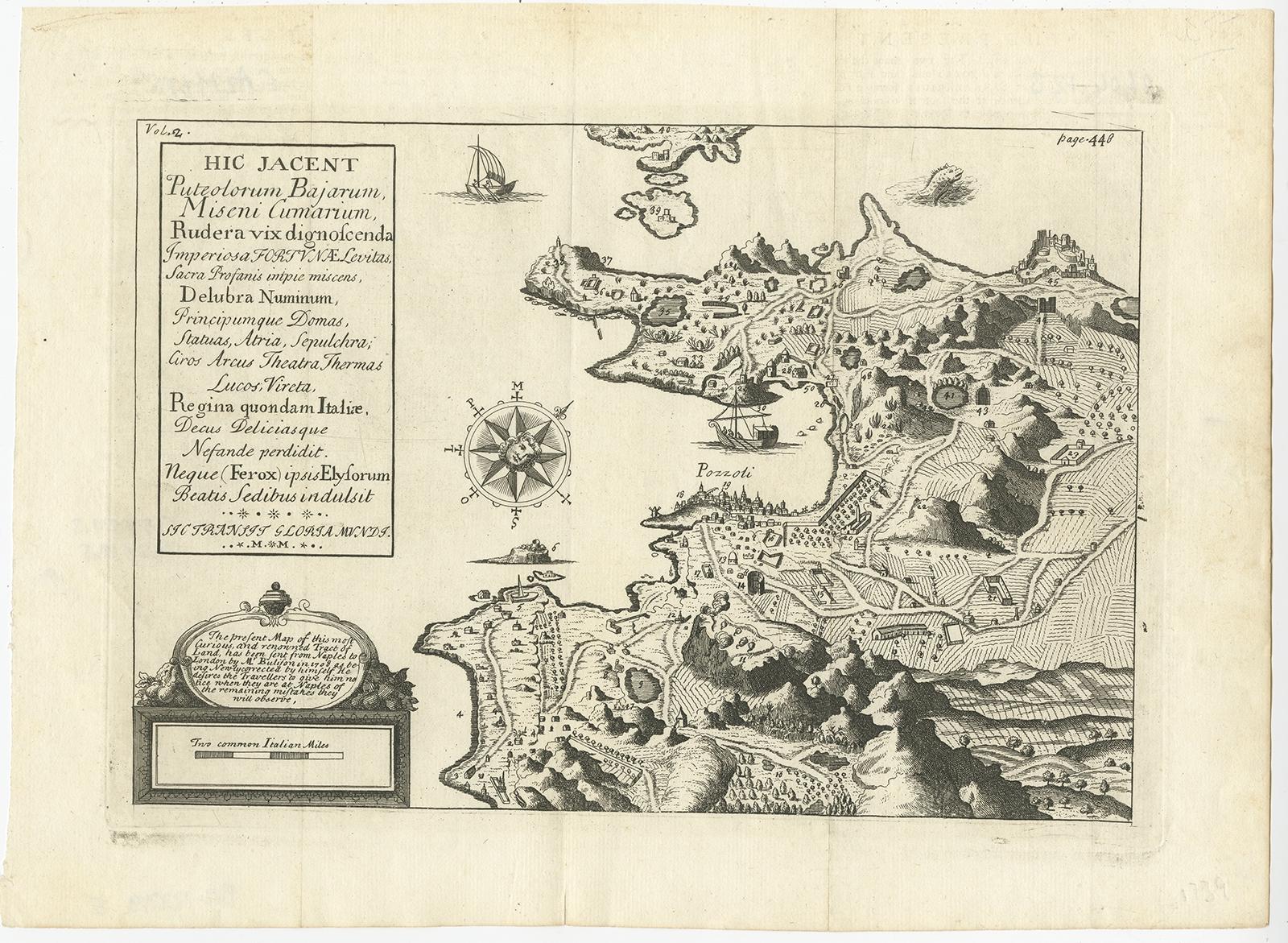 Antique map titled 'Hic Jacent Puteolorum Bajarum (..)'. Old map of the region of Pozzuoli showing the topographic and architectural features of interest. Pozzuoli is a city and comune of the Metropolitan City of Naples, in the Italian region of