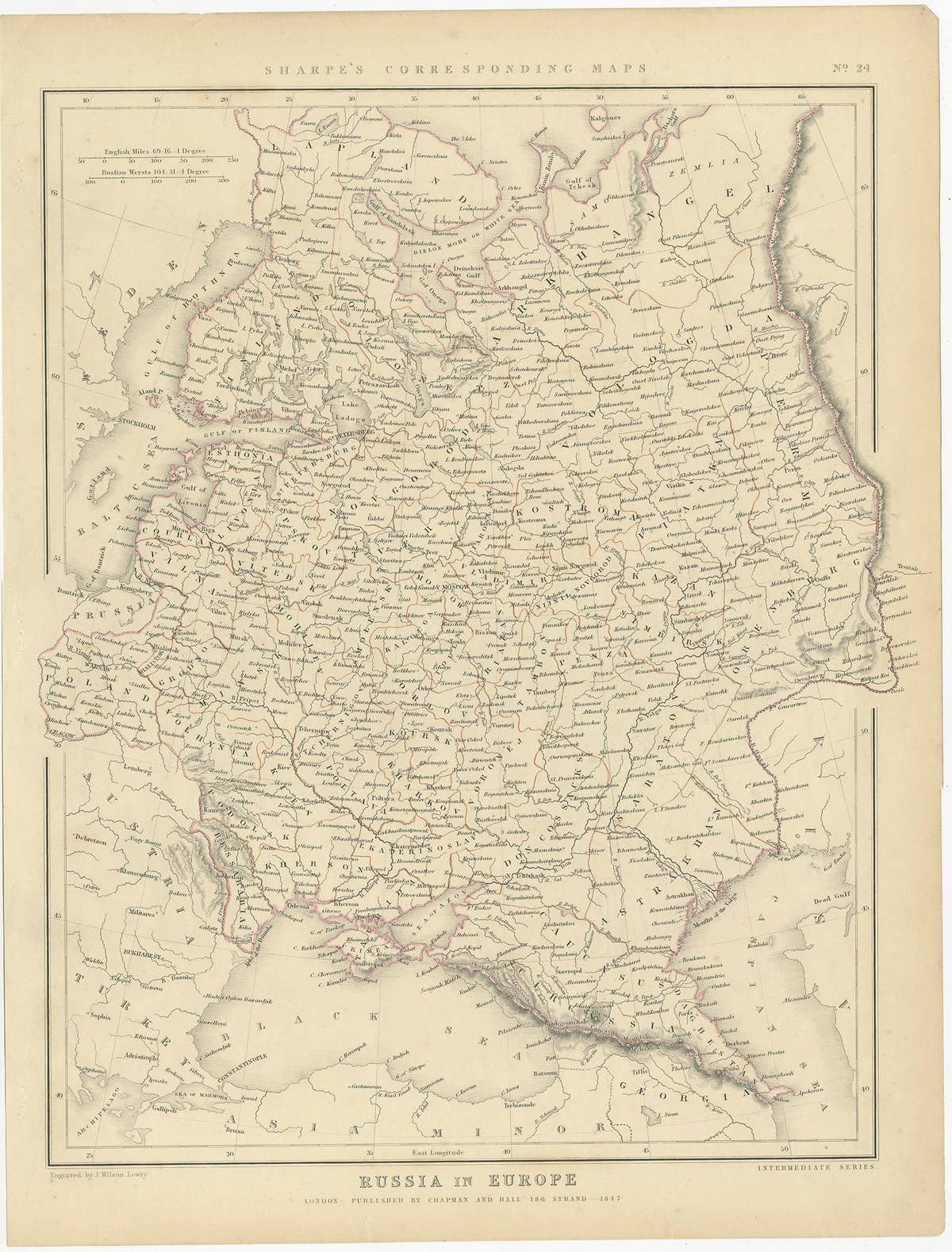 Old Original Map of Russia in Europe, 1849