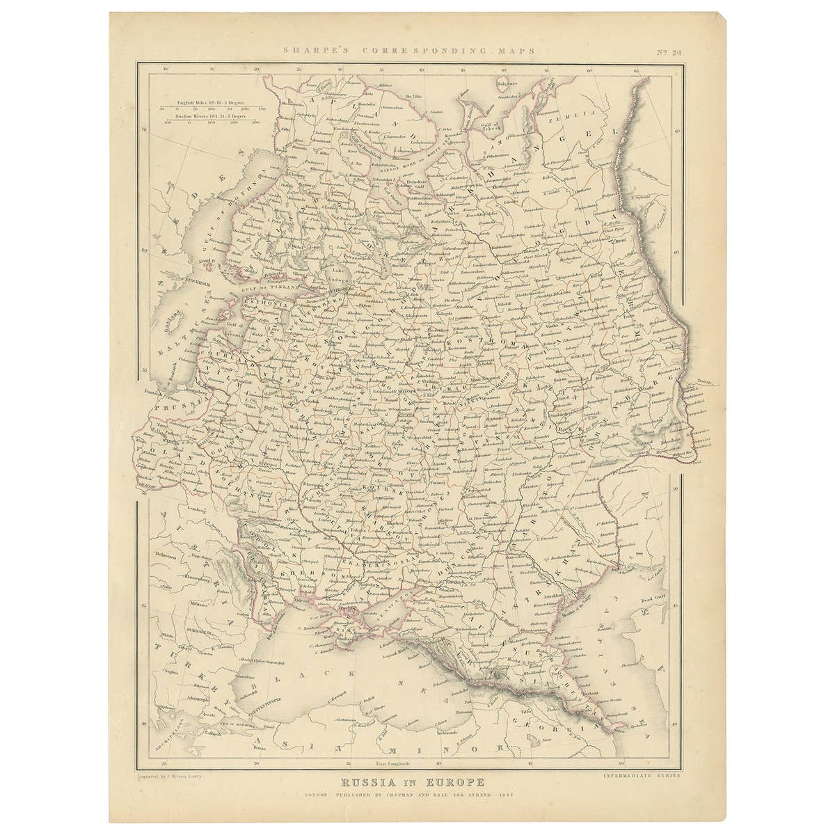 Old Original Map of Russia in Europe, 1849