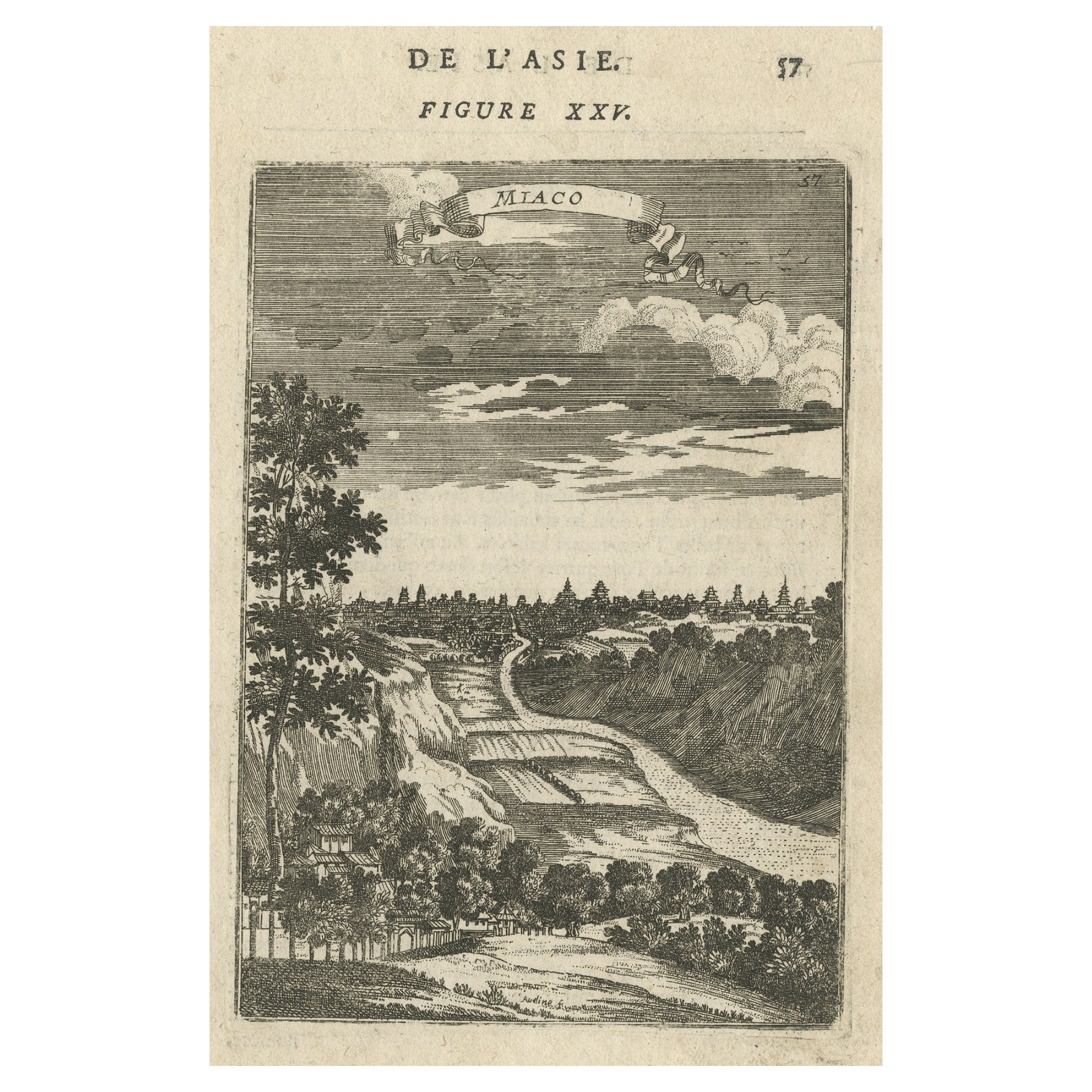Antica miniatura originale di una veduta dell'orizzonte di Miaco 'Kyoto, Giappone', 1683