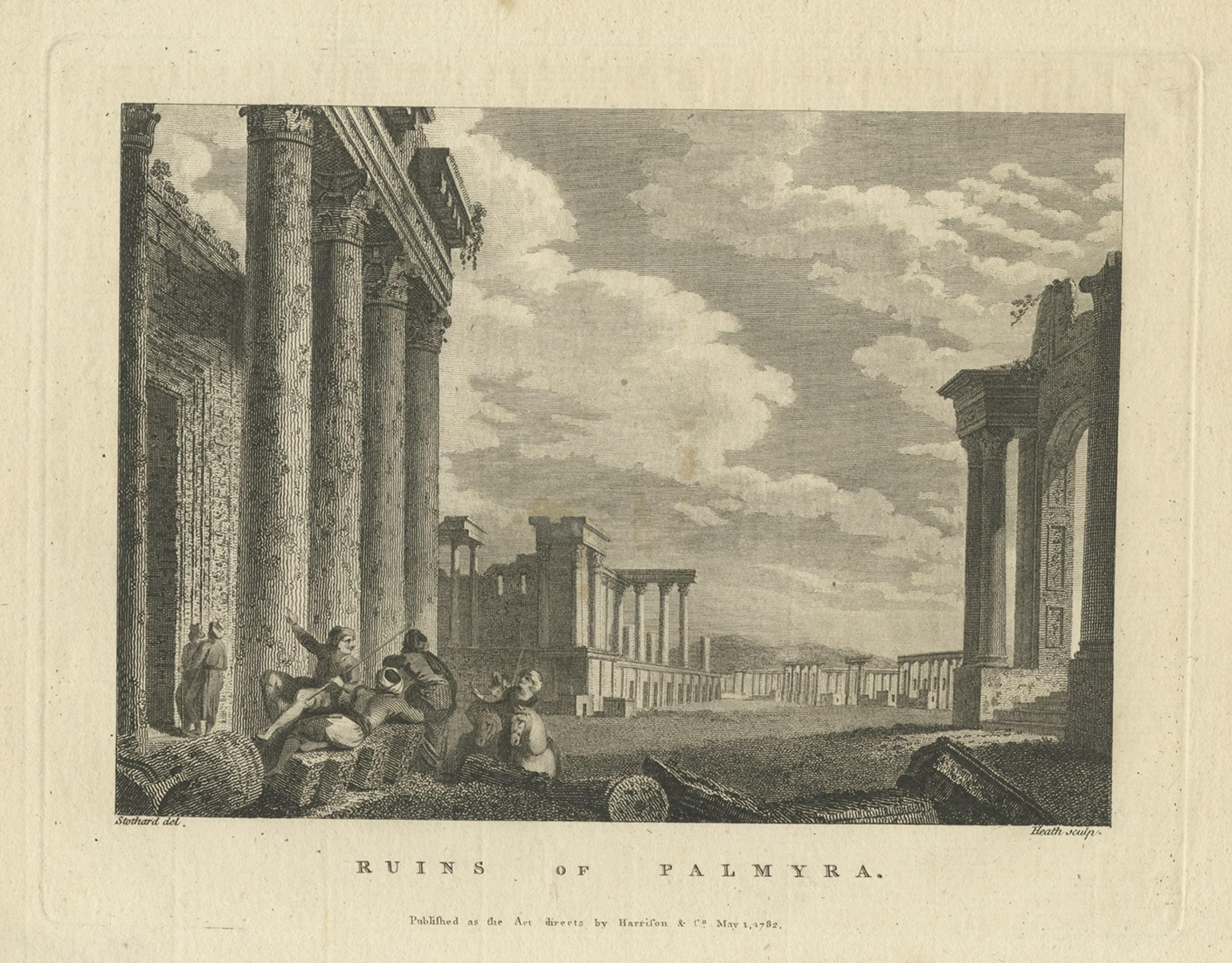 The print is a detailed 18th-century engraving depicting the ruins of the ancient city of Palmyra in Syria. It is titled 