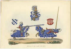 Old Original Print of a Medieval Battle Scene of Knights on Horses, 1842