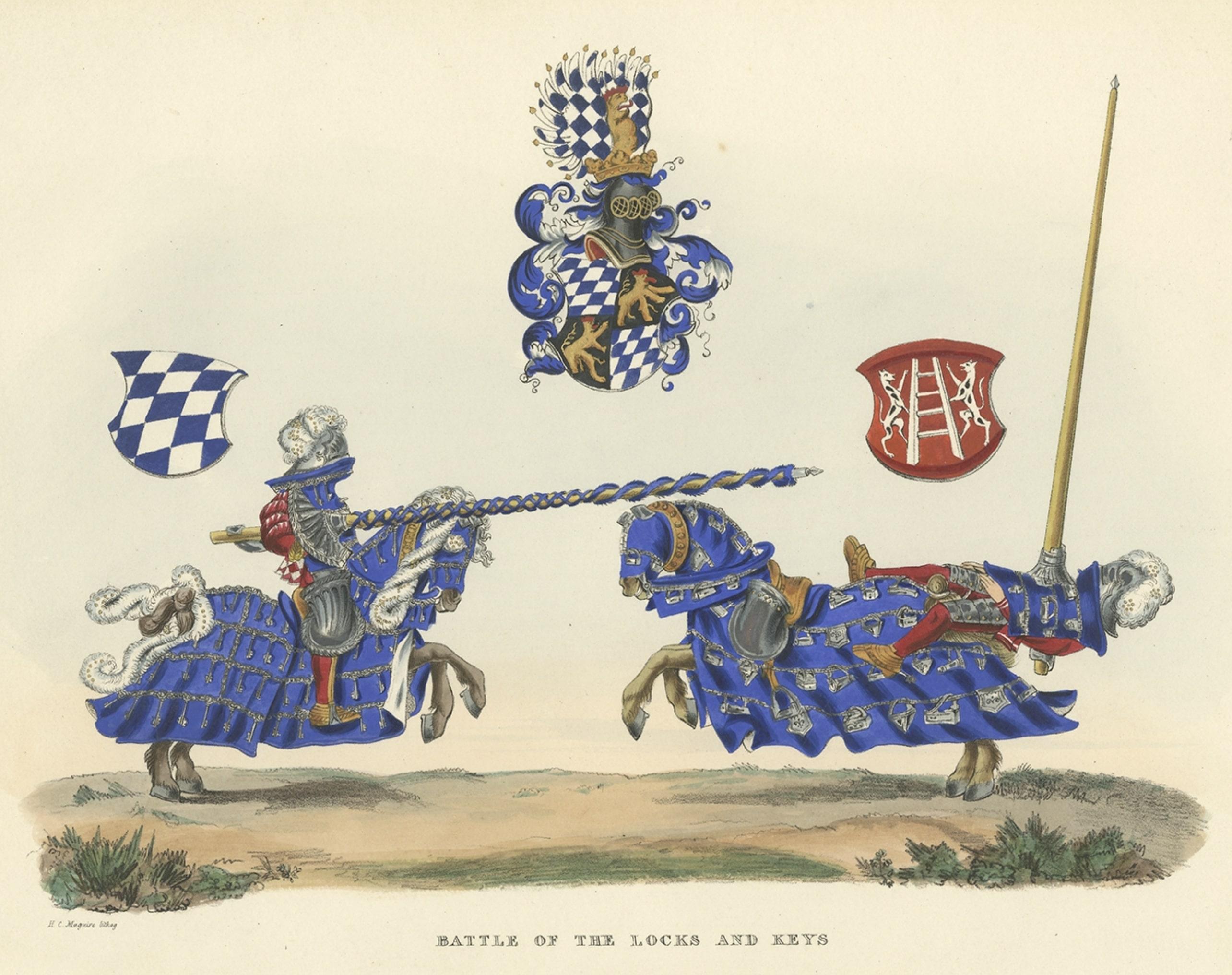 Old Original Print of a Medieval Battle Scene of Knights on Horses, 1842 In Good Condition In Langweer, NL