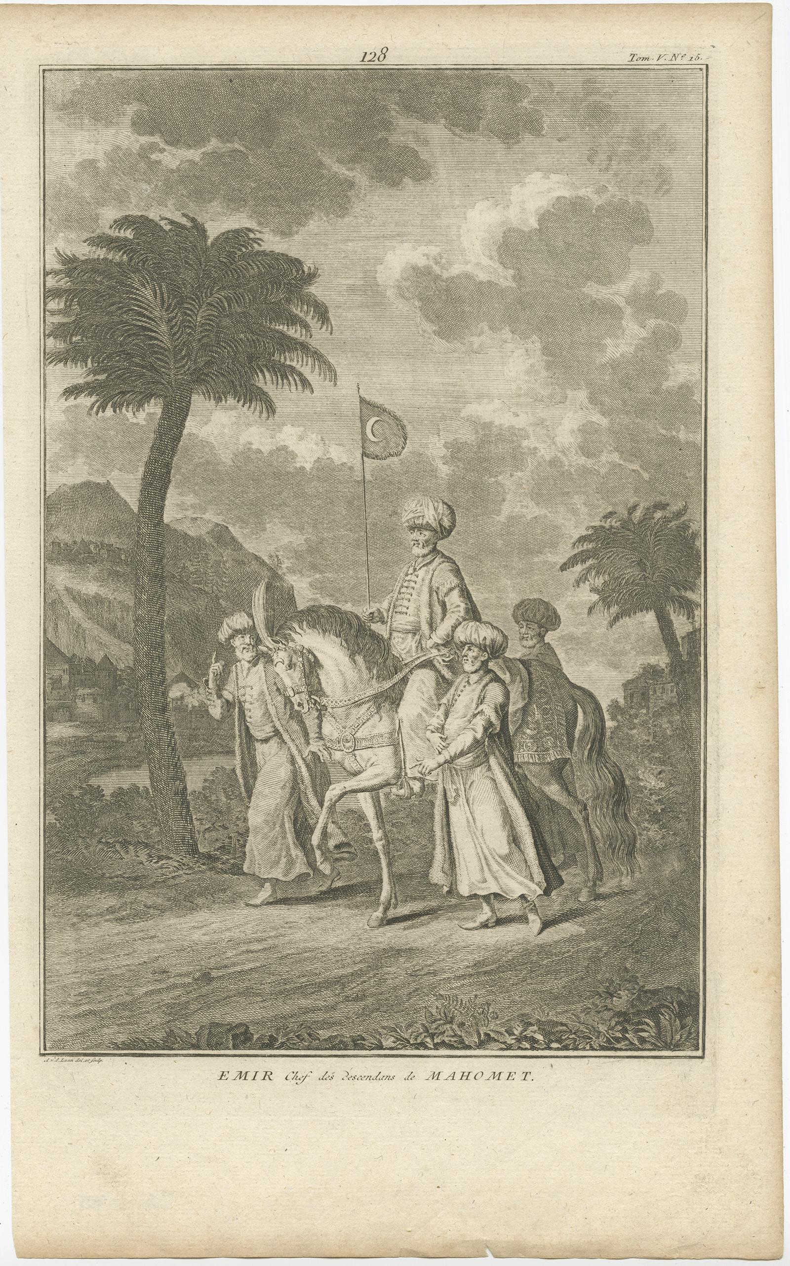 Antique print titled 'Emir Chef des descendans de Mahomet'. 

Old print of an Islamic Emir on a horse. This print originates from 'Ceremonies et coutumes Religieuses (..)'. 

Artists and Engravers: Author: A. Moubach. Engraved by A. v.d. Laan.