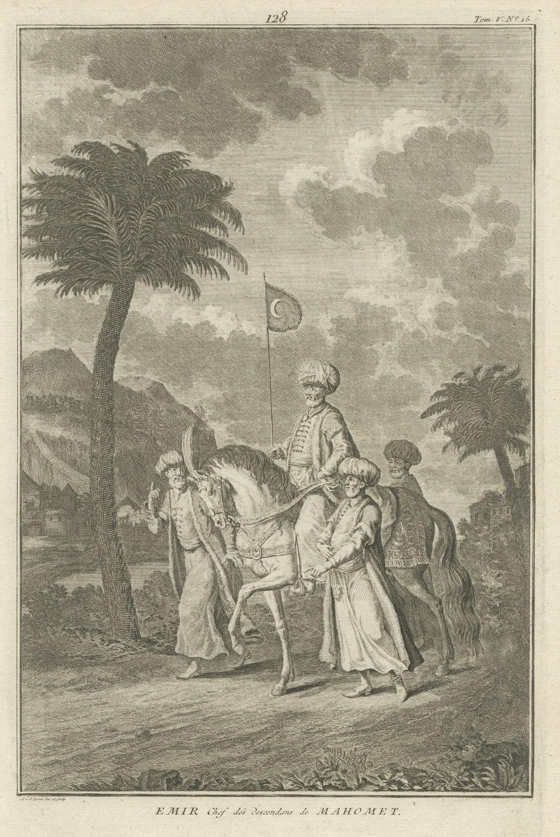 Old Original Print of an Islamic Emir on a Horse, 1727 In Good Condition For Sale In Langweer, NL
