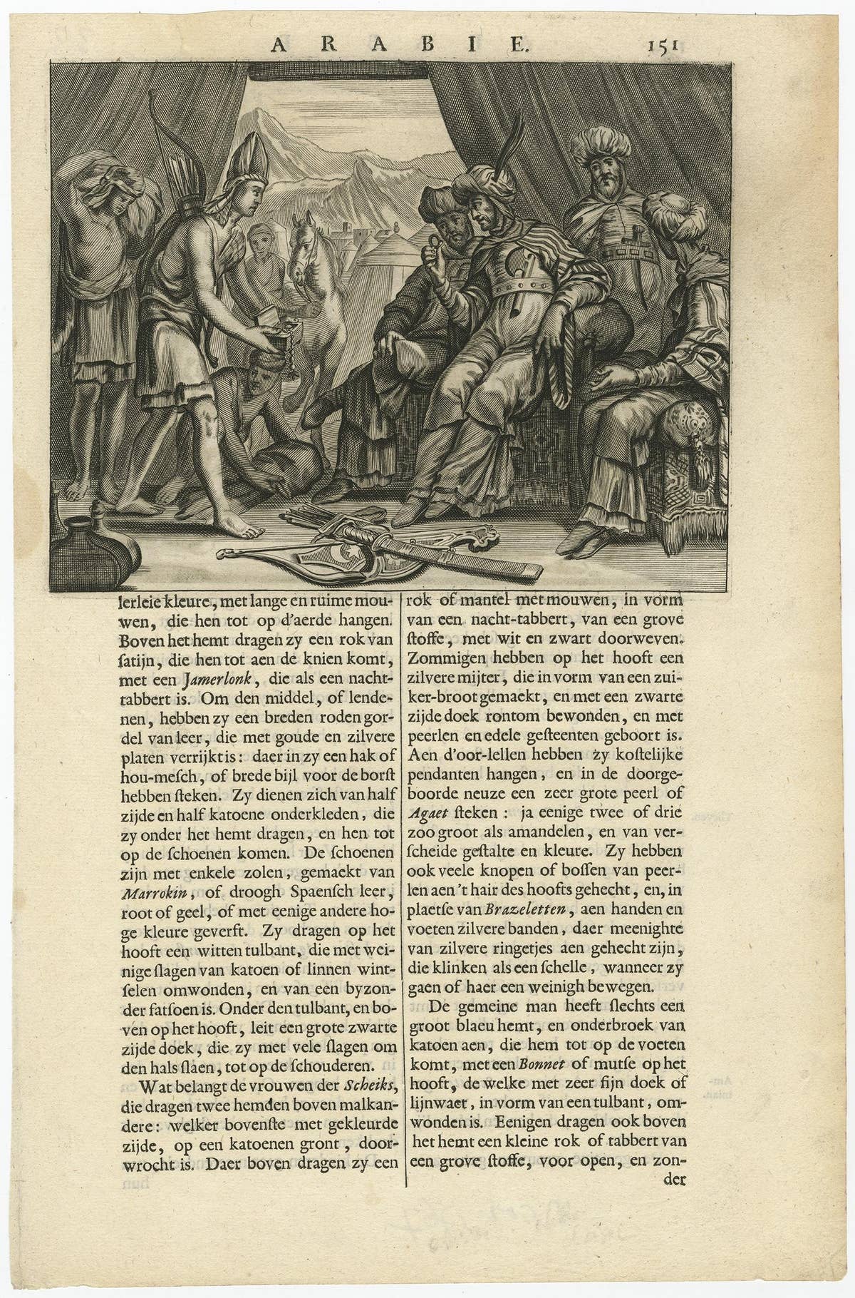Old Original Print Showing Arab People with Weapons Receiving Gifts, Ca.1680