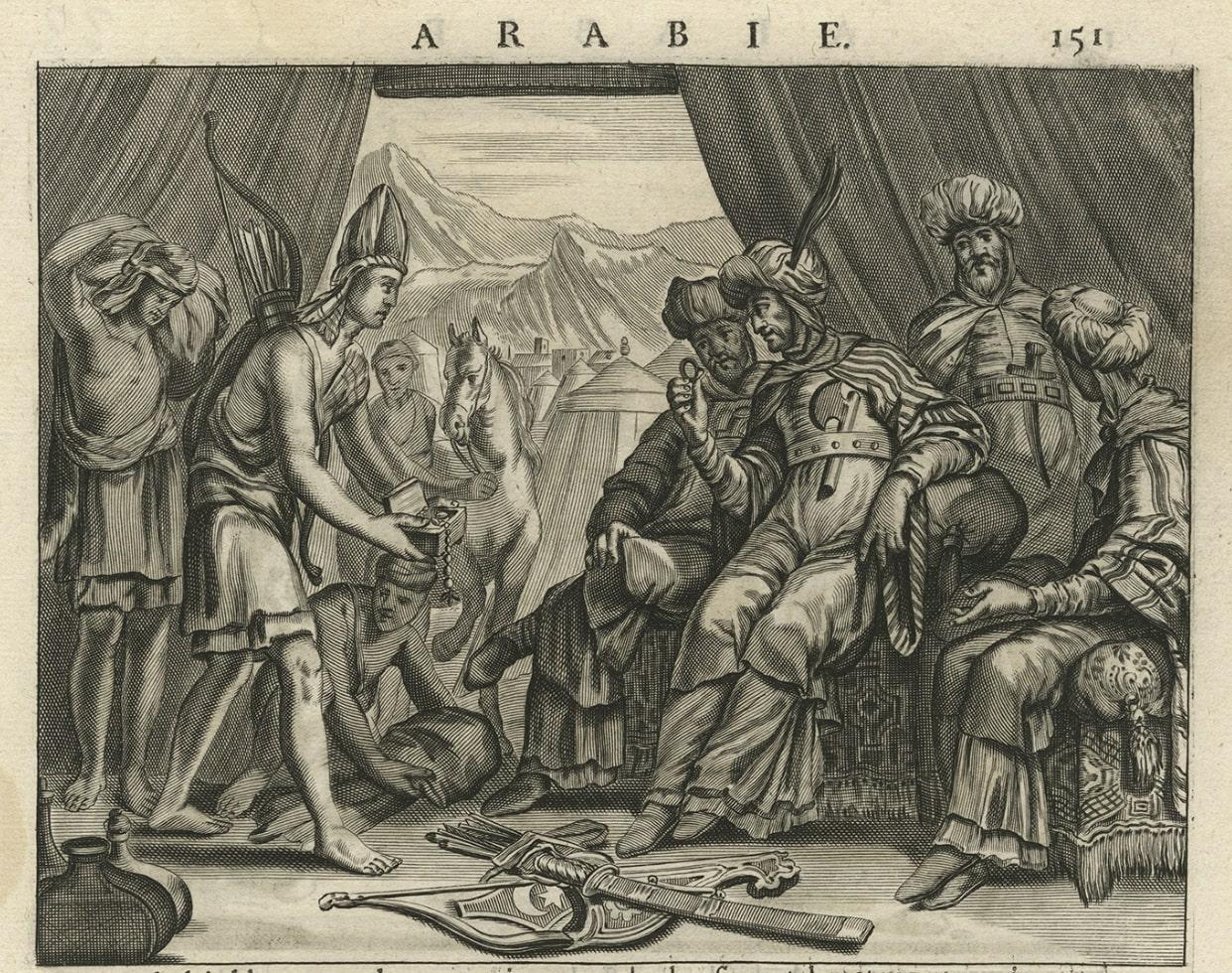 Old Original Print Showing Arab People with Weapons Receiving Gifts, Ca.1680 In Good Condition For Sale In Langweer, NL