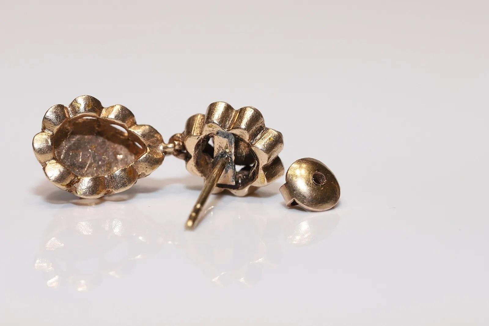 Women's Old Original Vintage 12k Gold Natural Rose Cut Diamond Drop Earring For Sale