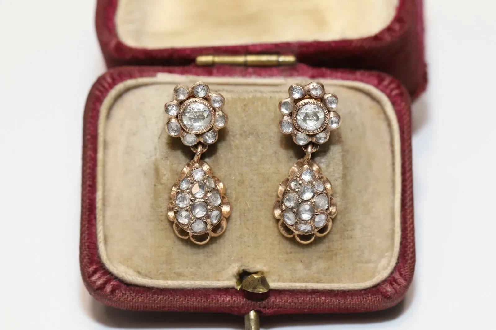 Old Original Vintage 12k Gold Natural Rose Cut Diamond Drop Earring For Sale 2