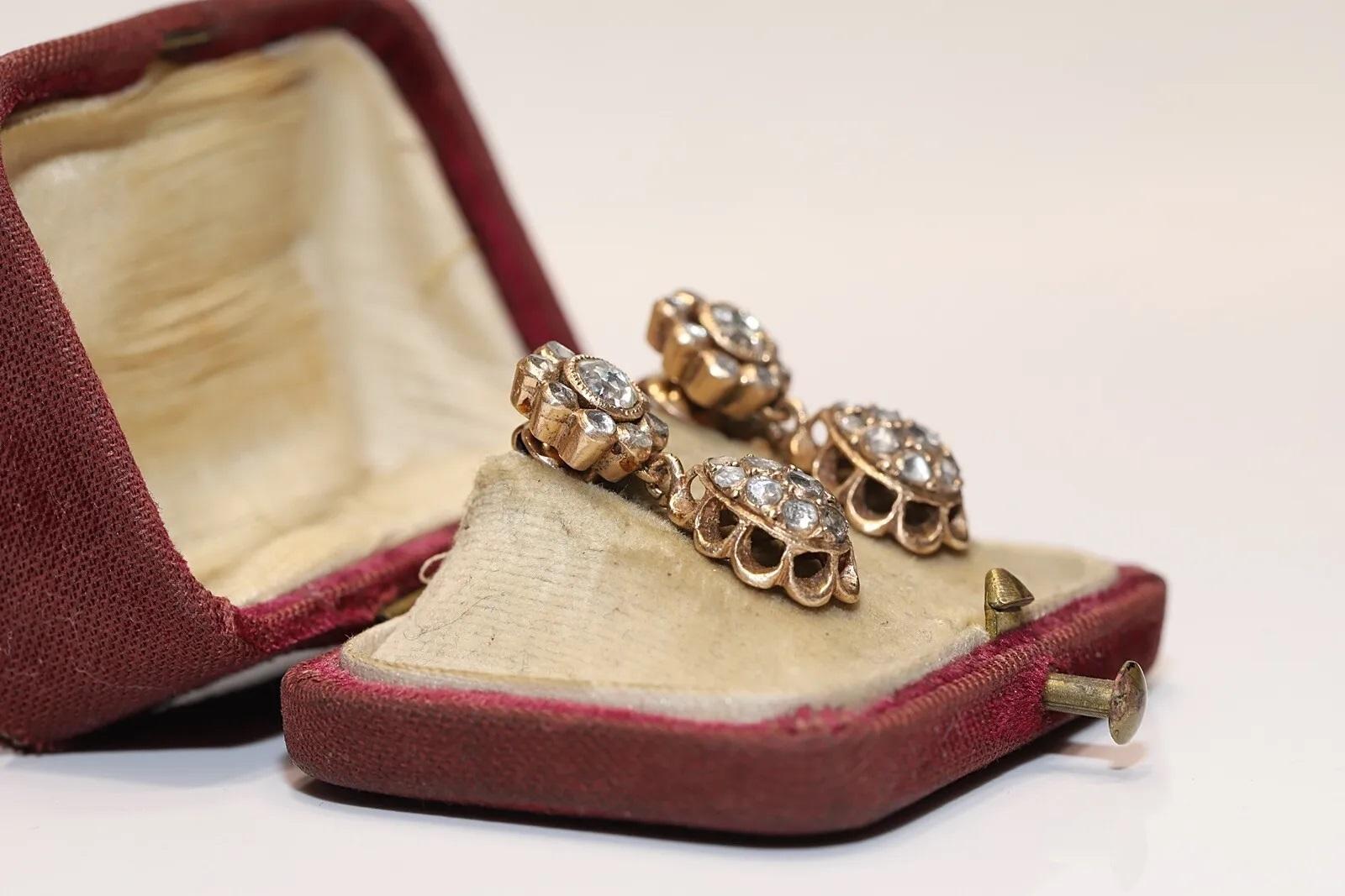 Old Original Vintage 12k Gold Natural Rose Cut Diamond Drop Earring For Sale 3