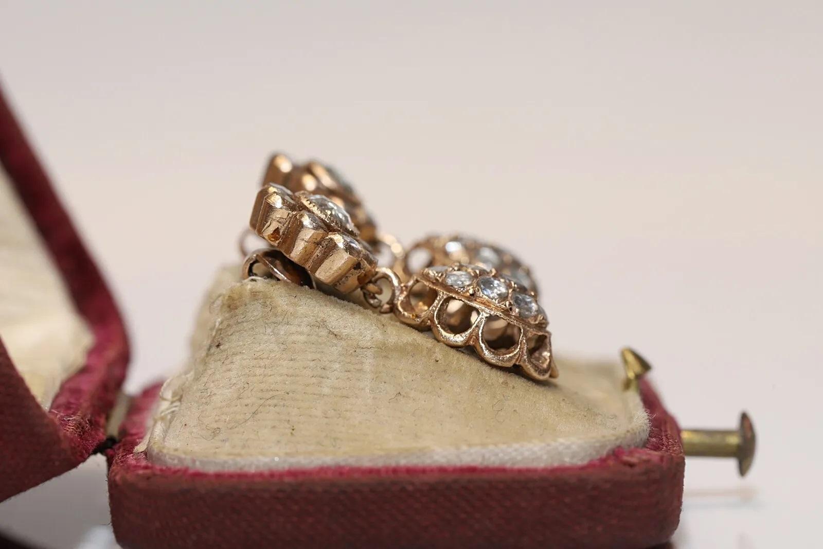 Old Original Vintage 12k Gold Natural Rose Cut Diamond Drop Earring For Sale 4