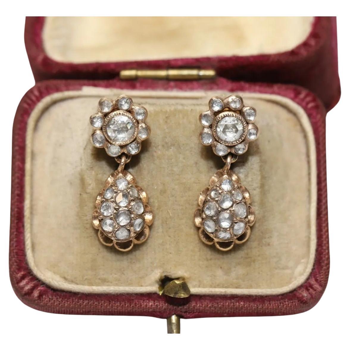 Old Original Vintage 12k Gold Natürlicher Rosenschliff Diamant-Tropfen-Ohrring im Angebot