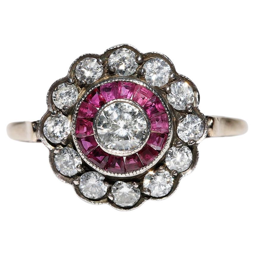 Old Original Vintage Circa 1980s 14k Gold Natural Diamond And Caliber Ruby Ring For Sale