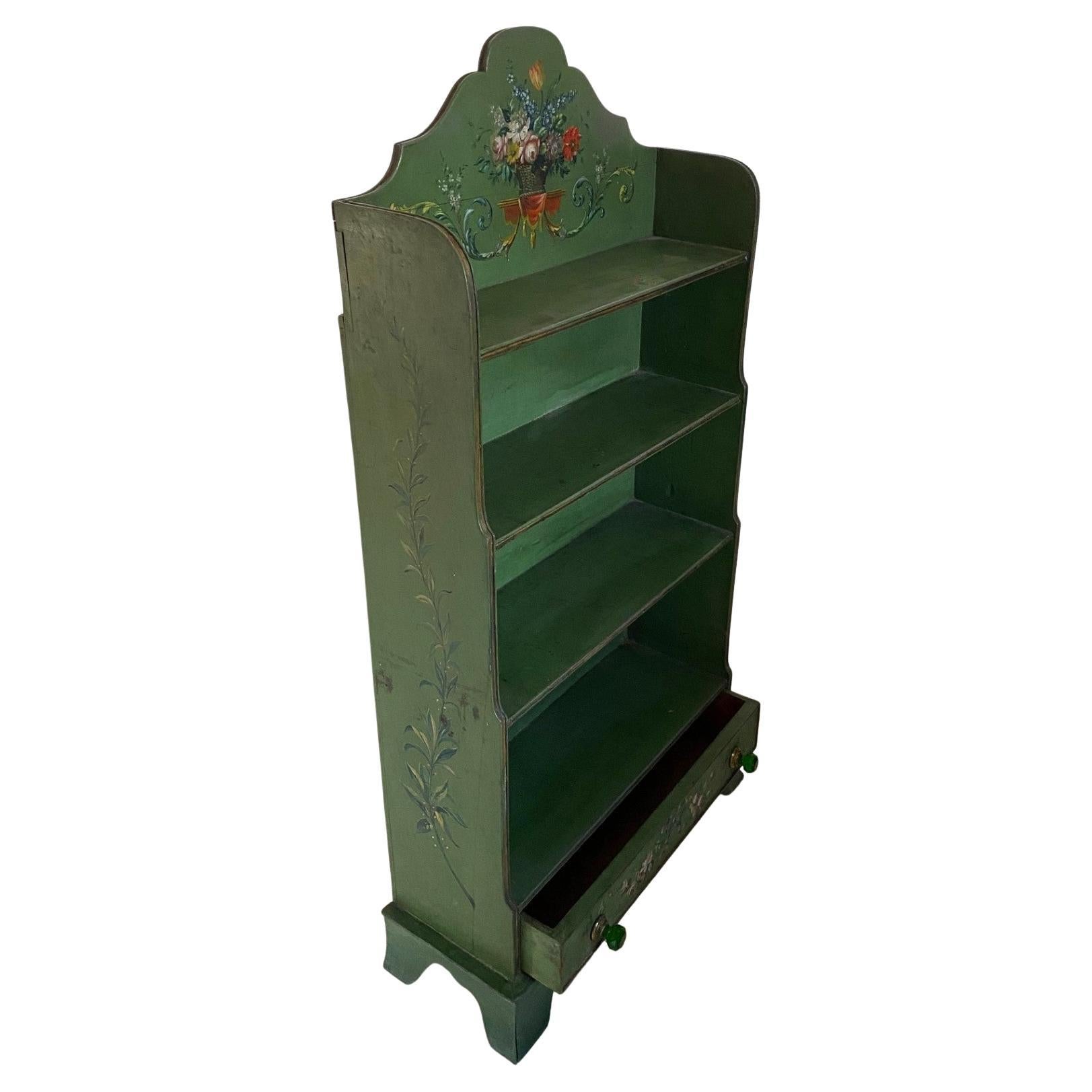 Vecchio  Scaffale a raggiera dipinto con decorazioni dipinte a mano e cassetto in vendita