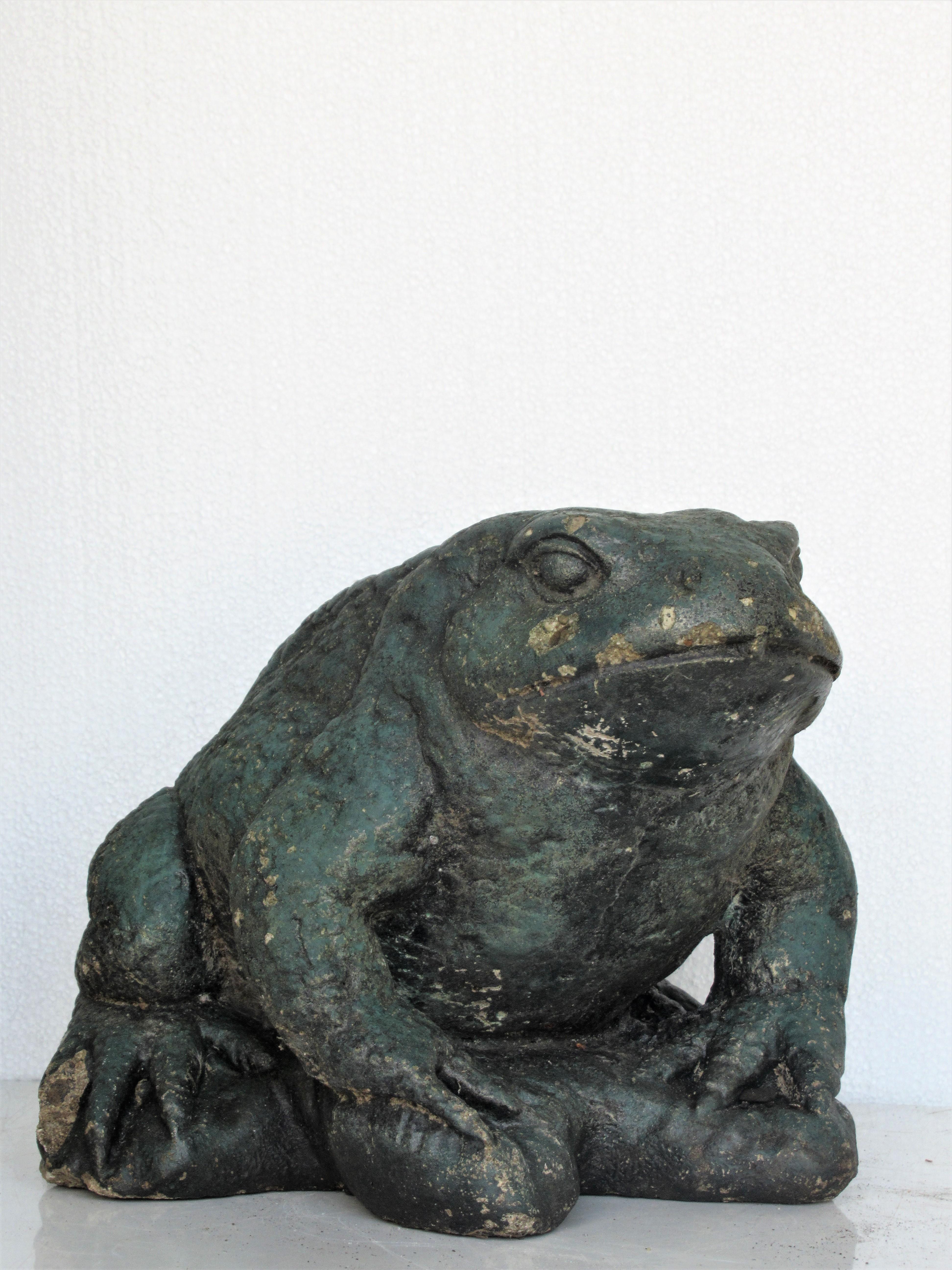 Pair of cement stone finely detailed big garden toads in old dark green and medium green painted surface. Circa 1940  1950 - 1960. Look at all pictures and read condition report in comment section.