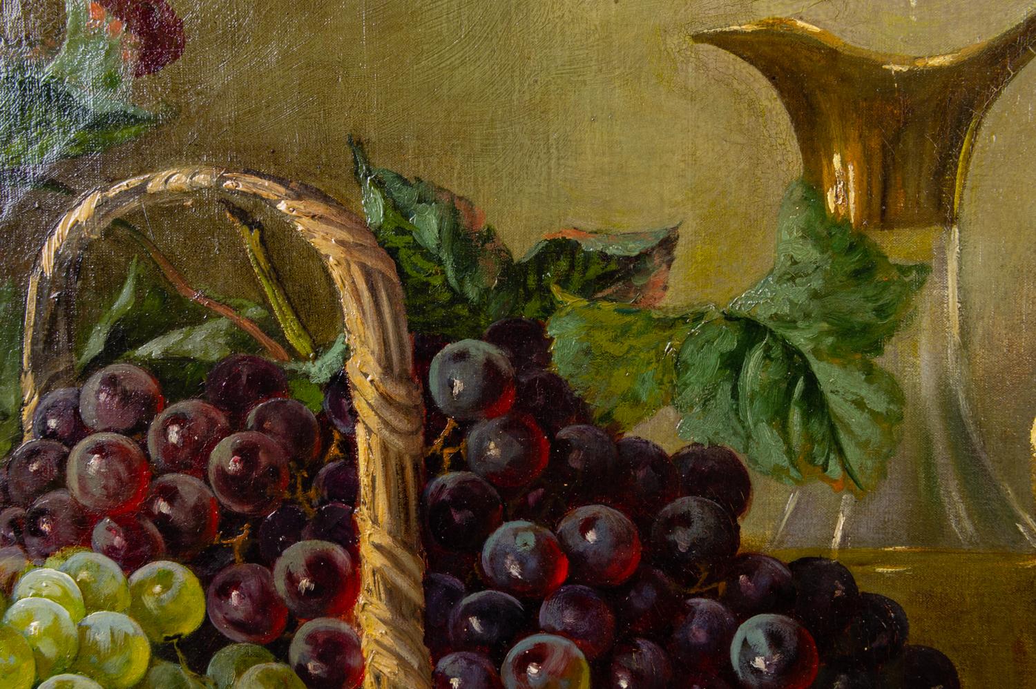 Oiled Old Painting Grapes in the Basket For Sale