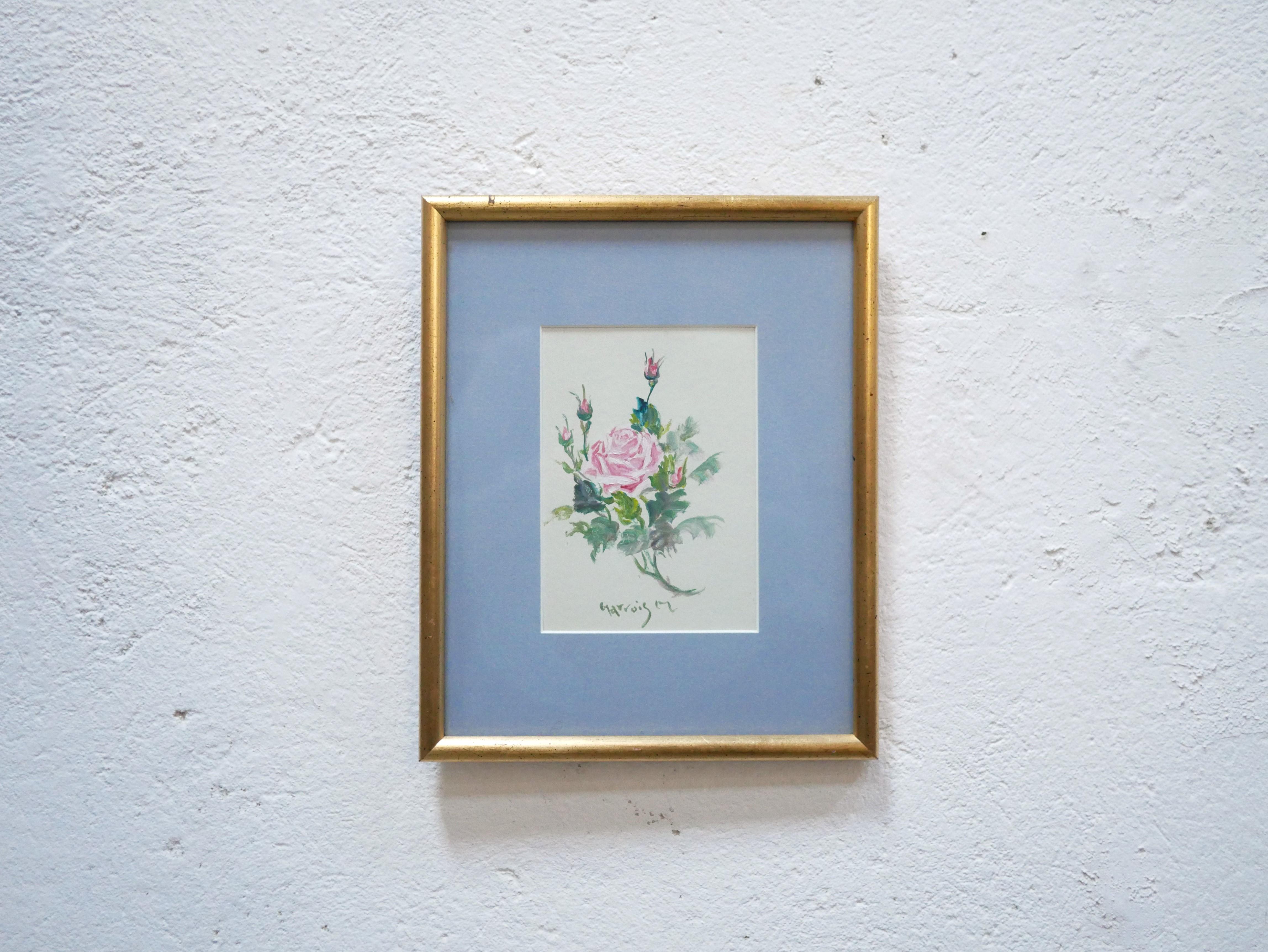 Painting on paper signed, circa 1960.

Poetic and aesthetic, this painting does not lack beauty and delicacy. It will be perfect in a current decoration, alone or combined with other paintings.
The gold frame and blue mat harmonize perfectly with