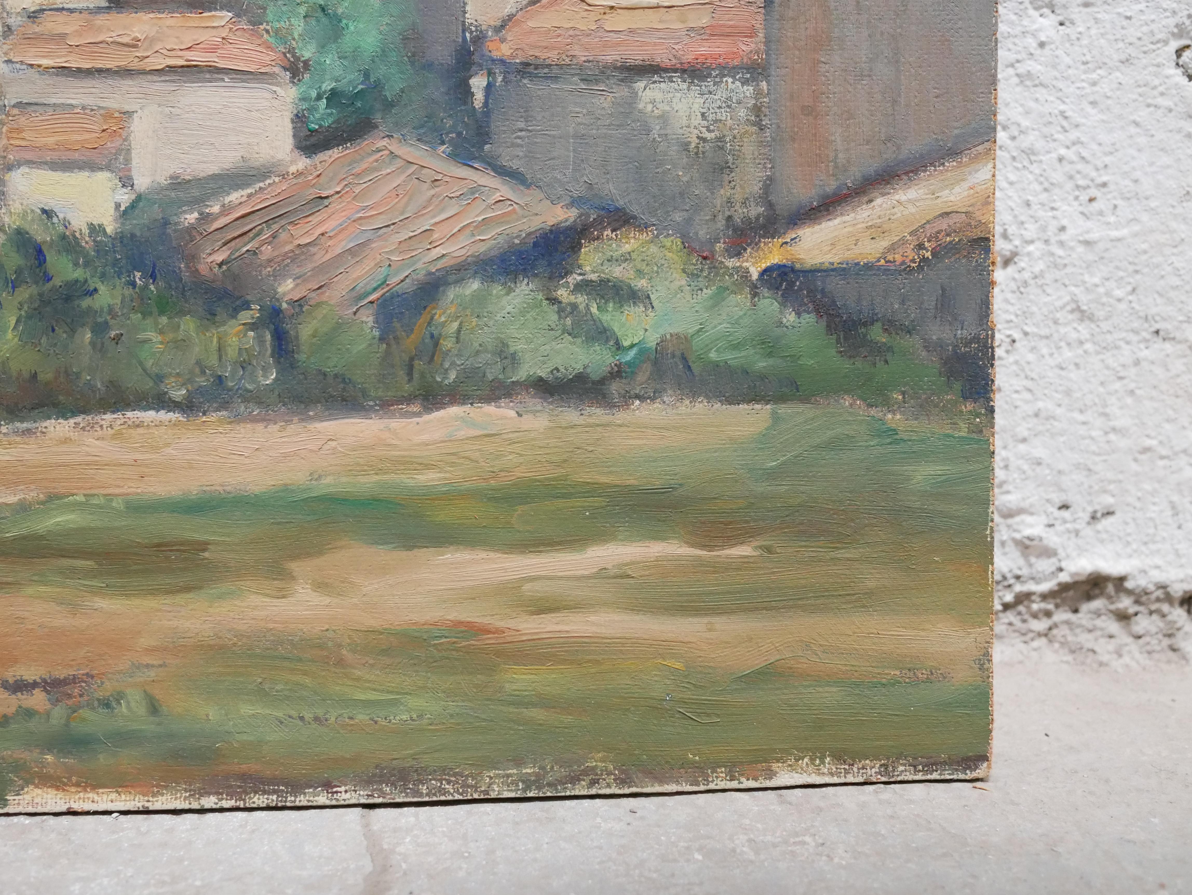 Old painting on wood signed A. Challou For Sale 6