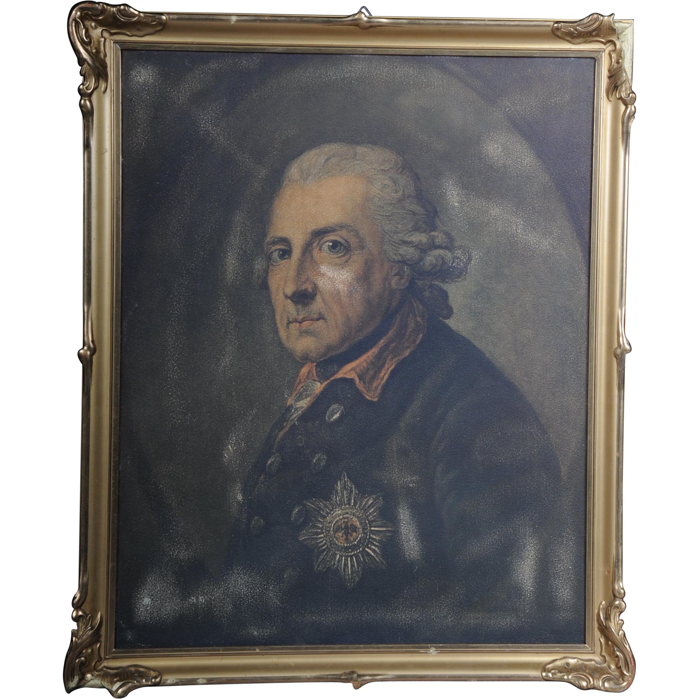 Old Painting Portrait of Fridrich II the Great 20th Century After A. Graff