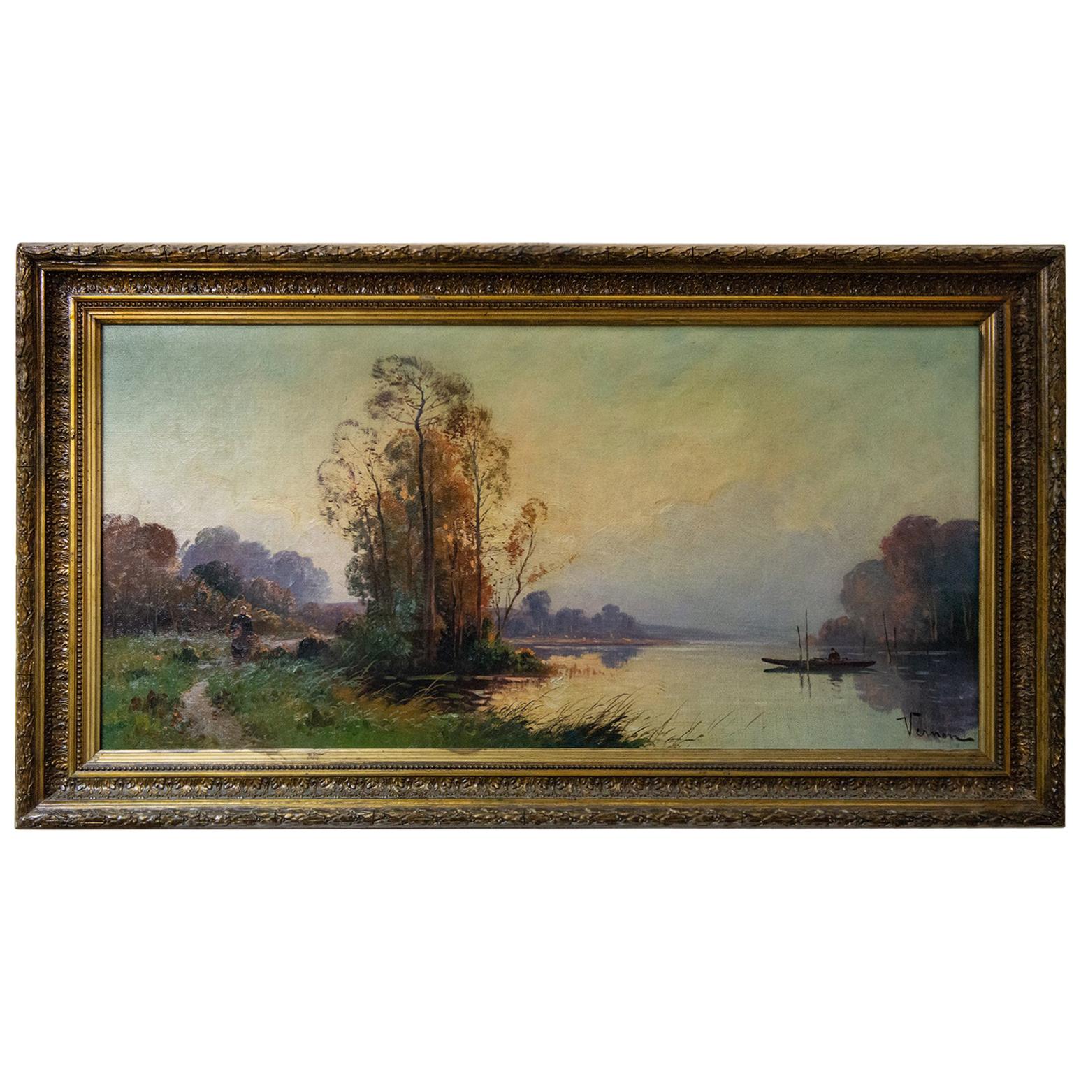 Peinture ancienne "Rivière avec bateau" en vente