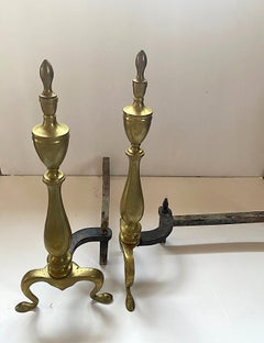 Old Pair of Brass Double Urn Finial Andirons with Slipper Feet