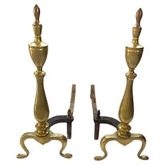 Old Pair of Brass Double Urn Finial Andirons with Slipper Feet