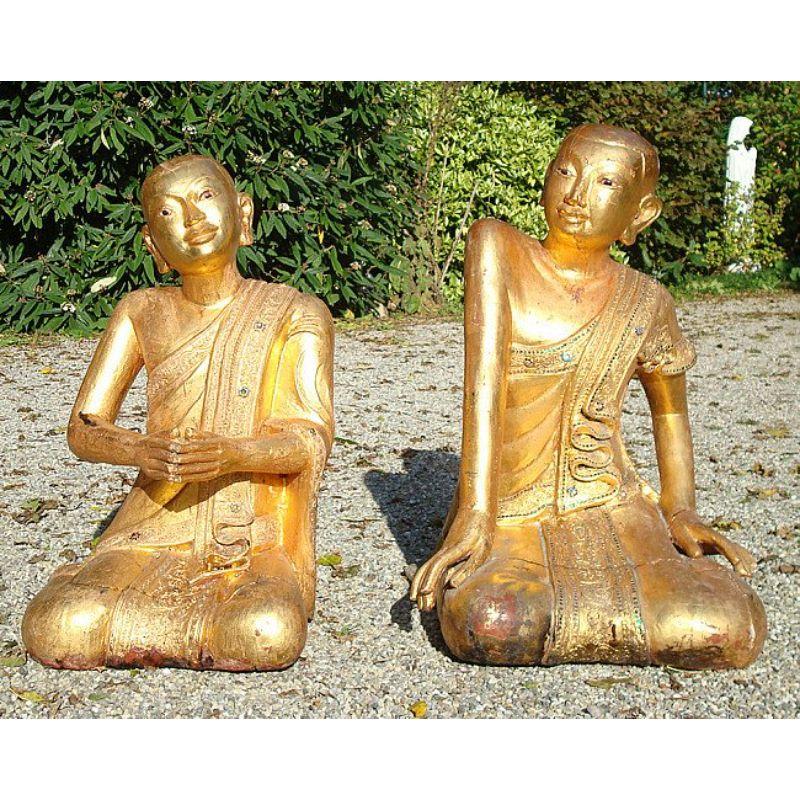 Old Pair of Wooden Burmese Monks from Burma For Sale 1