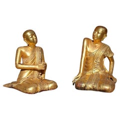 Used Old Pair of Wooden Burmese Monks from Burma