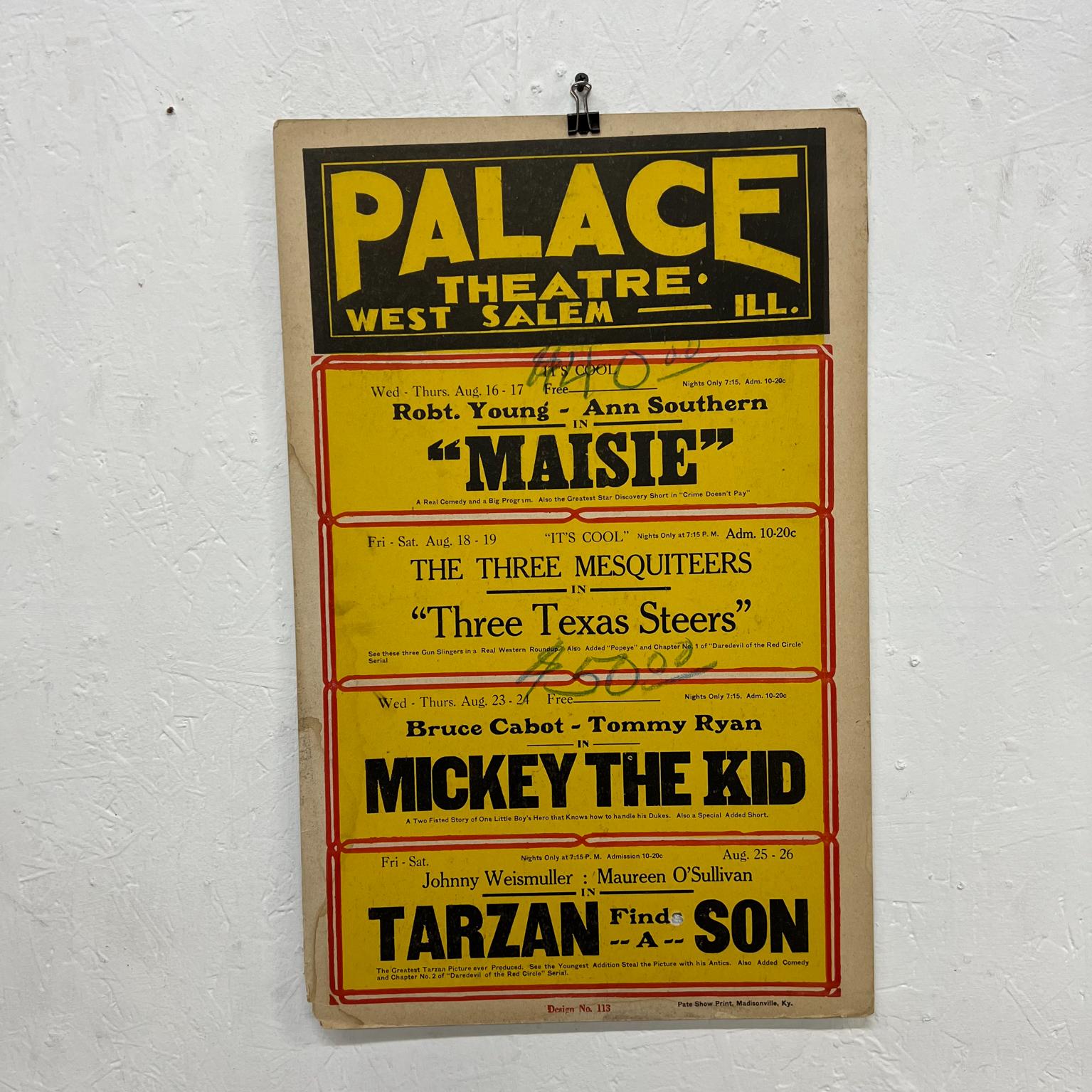 Old Palace Theatre Movie Poster Maisie Tarzan and more West Salem IL 
Admission 10 cents!
14 x 22
Preowned frayed unrestored vintage condition
See images please.