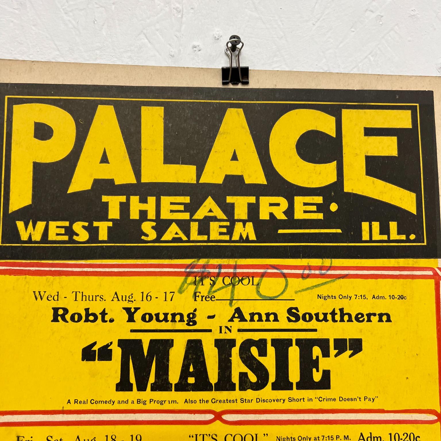 Old Palace Theatre Yellow Movie Poster Maisie Tarzan West Salem IL In Good Condition For Sale In Chula Vista, CA