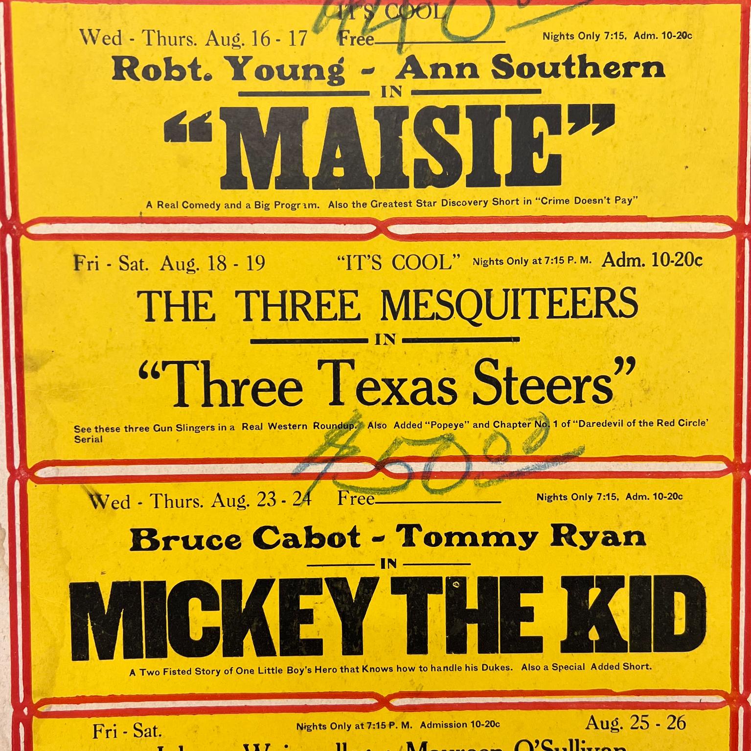 Mid-20th Century Old Palace Theatre Yellow Movie Poster Maisie Tarzan West Salem IL For Sale