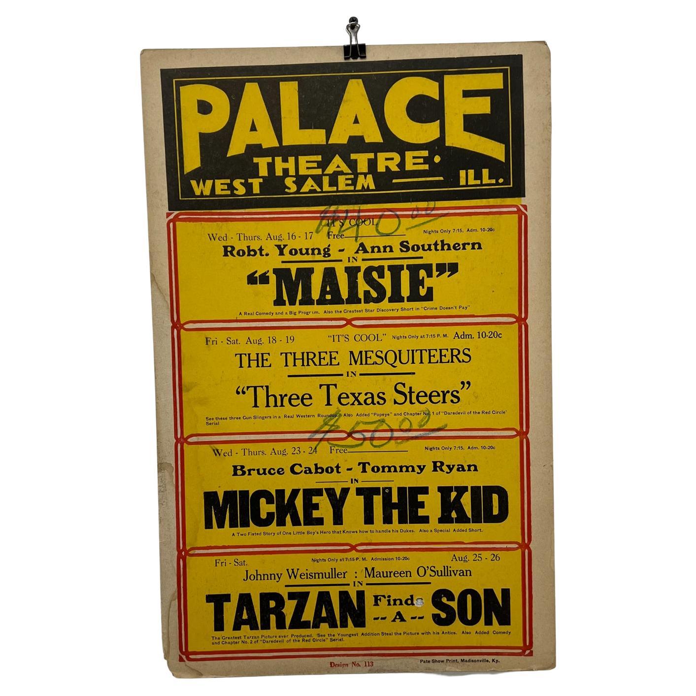 Old Palace Theatre Yellow Movie Poster Maisie Tarzan West Salem IL For Sale
