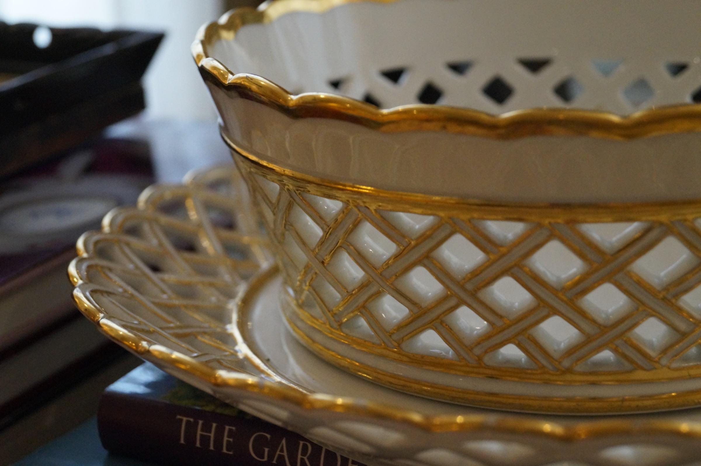 Old Paris Empire Chestnut Porcelain Basket with Underplate, France, 1800-1820 1