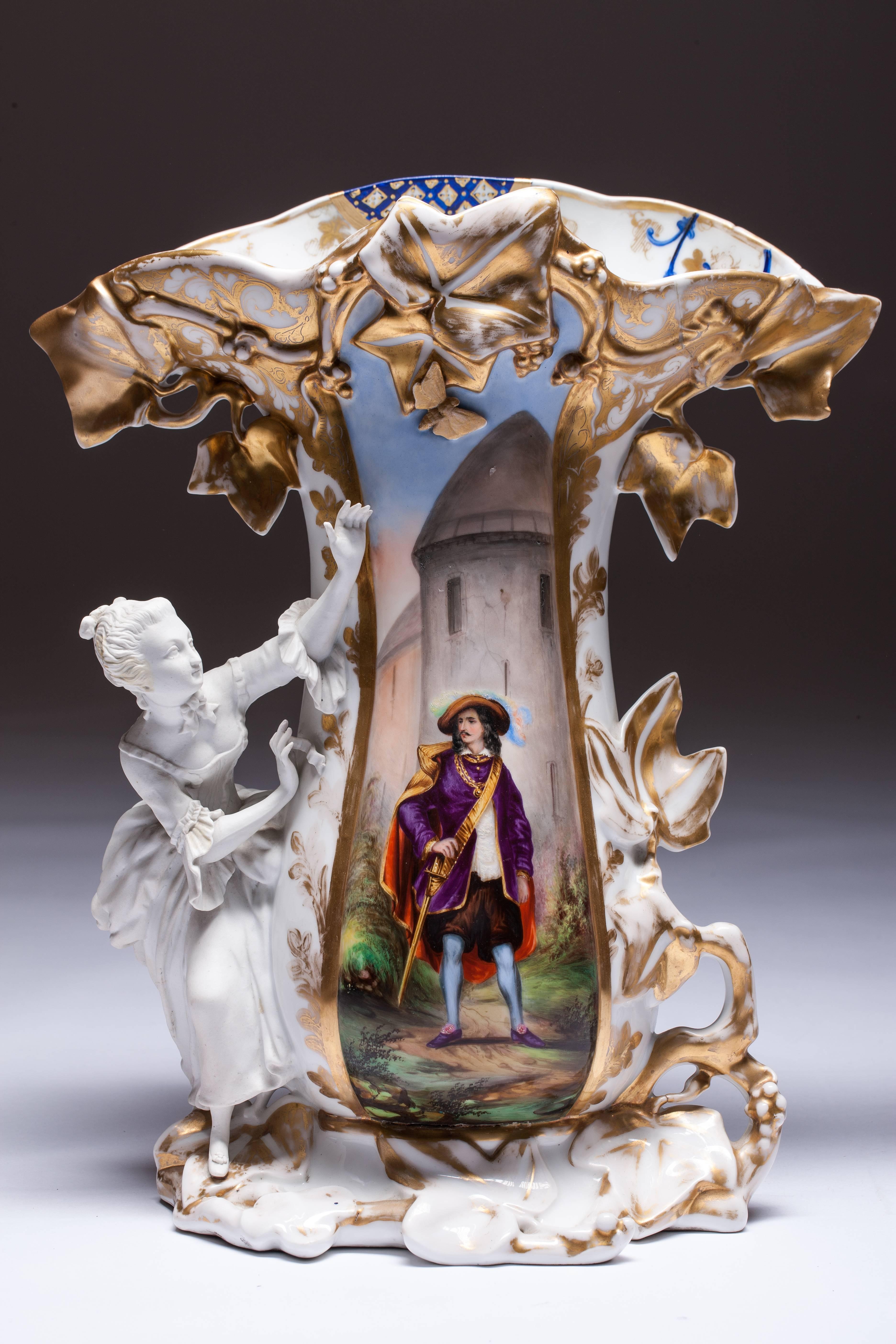 French Old Paris Hand-Painted Porcelain Vase with Bisque Figurines For Sale