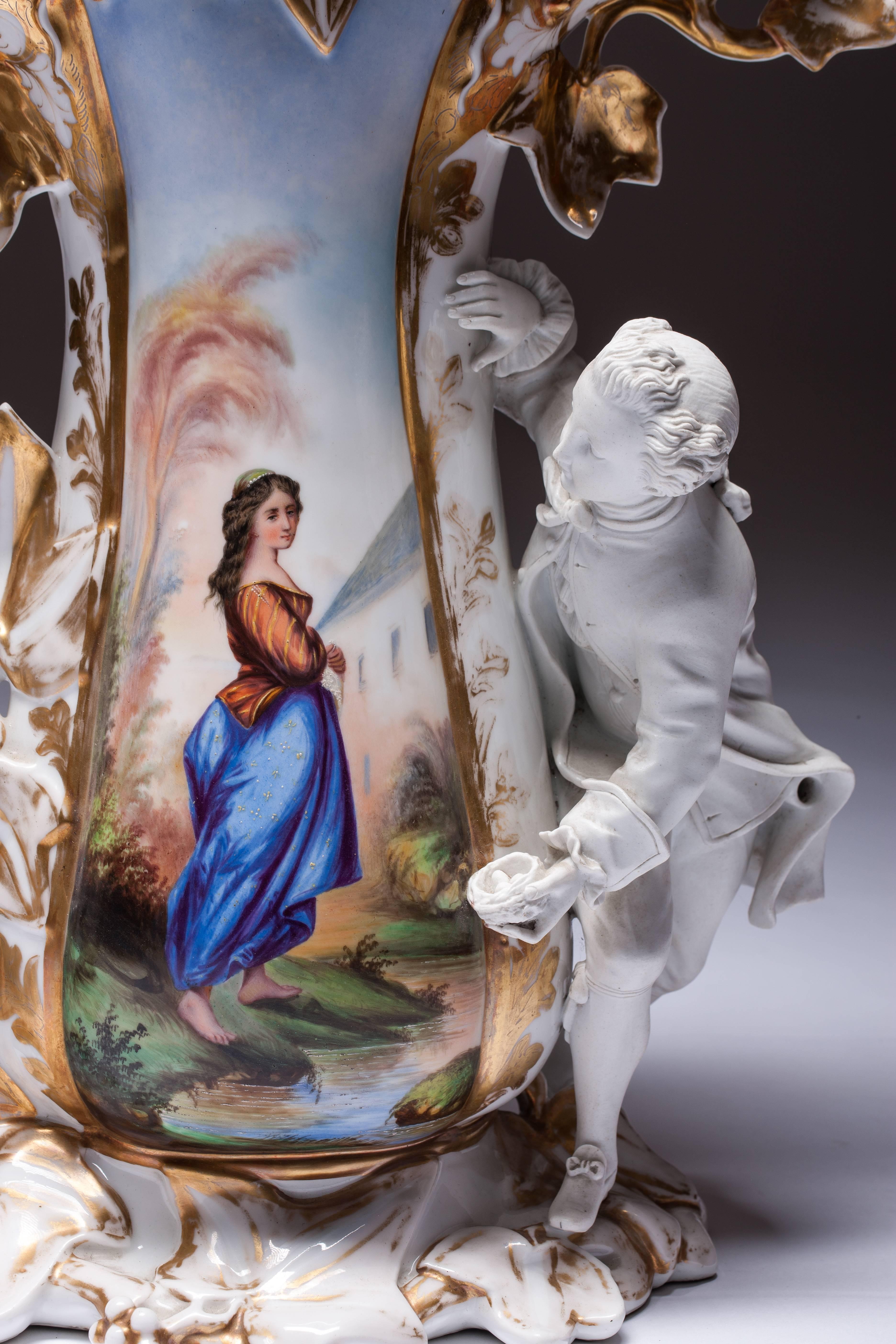 Old Paris Hand-Painted Porcelain Vase with Bisque Figurines In Excellent Condition For Sale In Vilnius, LT
