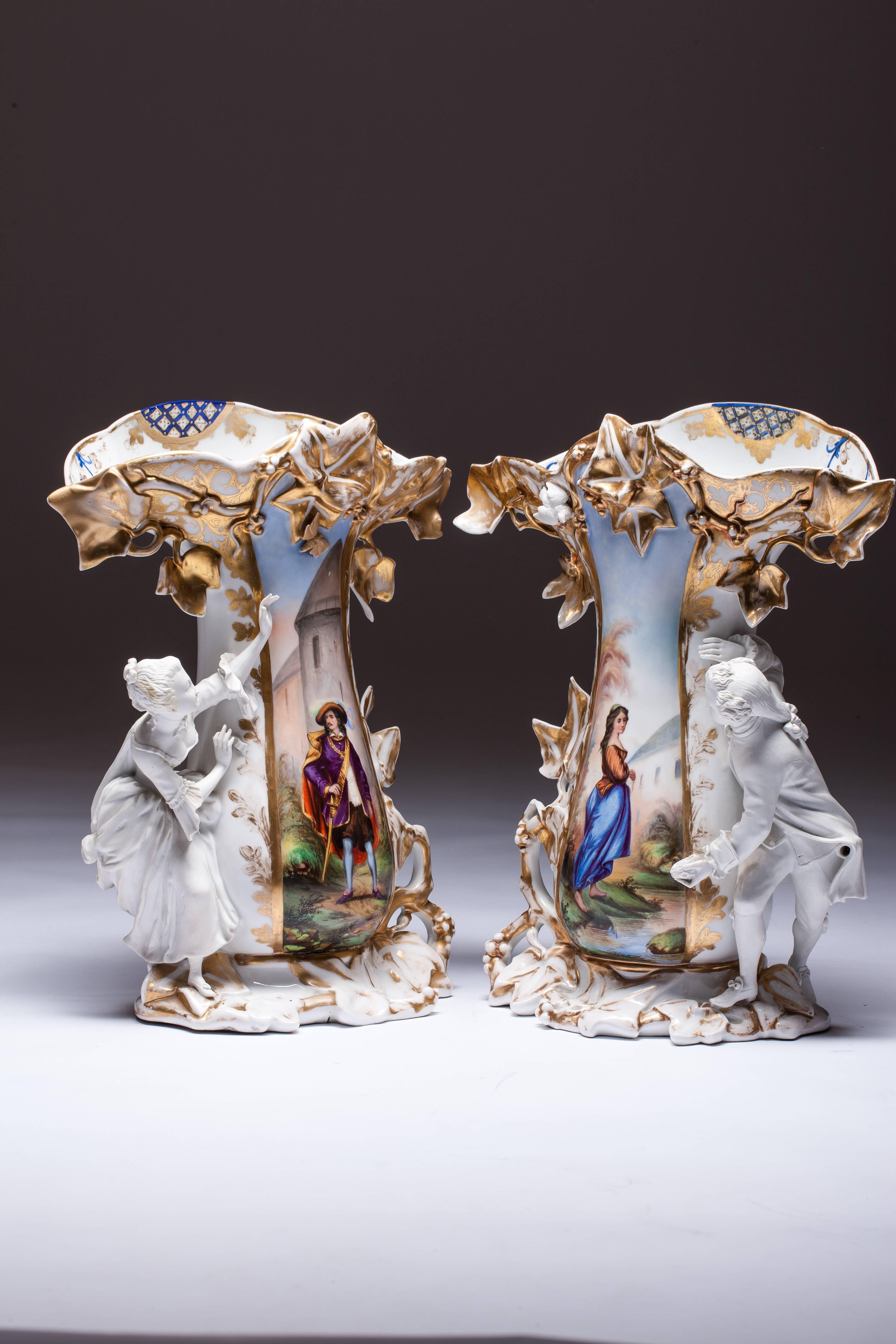 19th Century Old Paris Hand-Painted Porcelain Vase with Bisque Figurines For Sale
