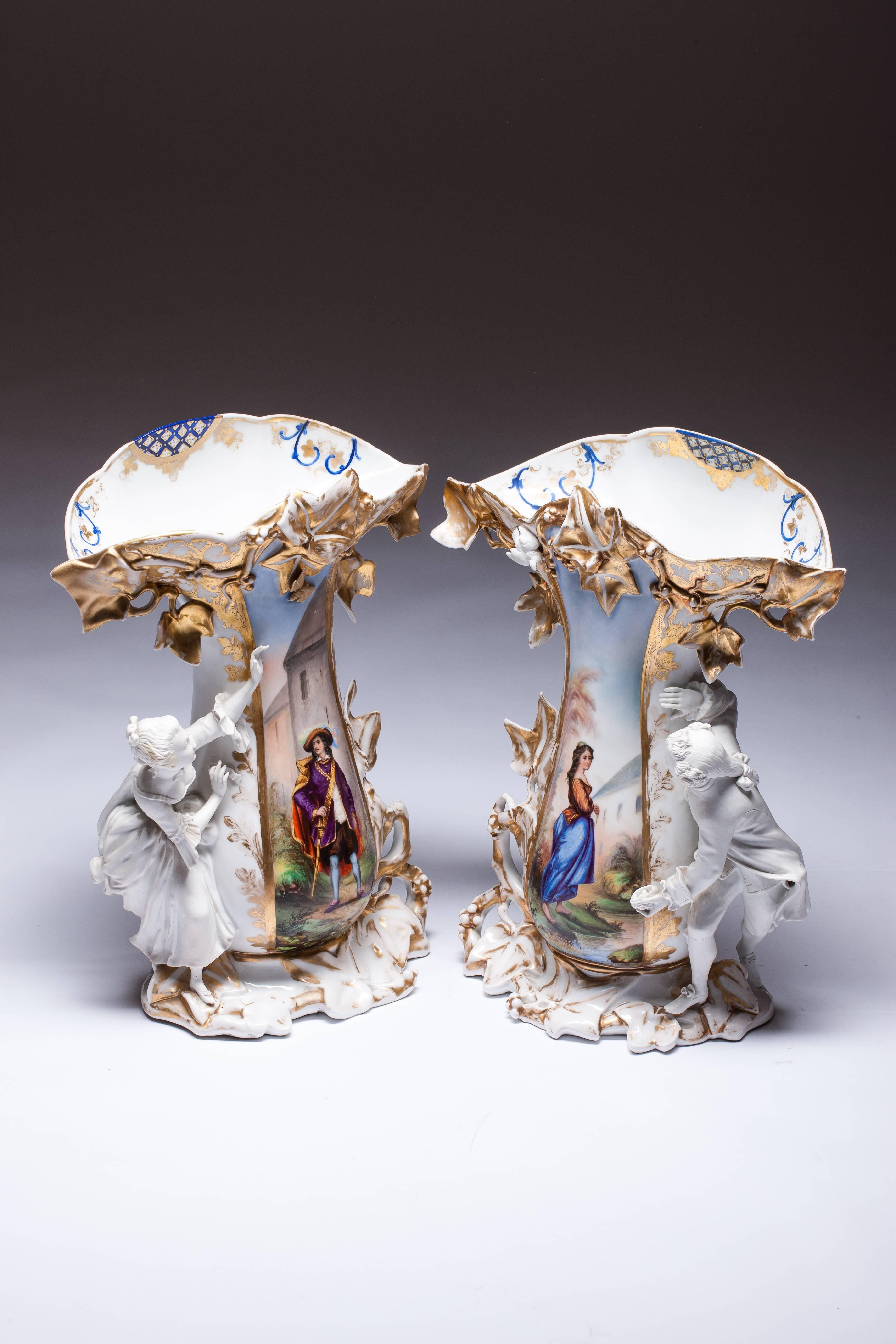 Old Paris Hand-Painted Porcelain Vase with Bisque Figurines For Sale 1